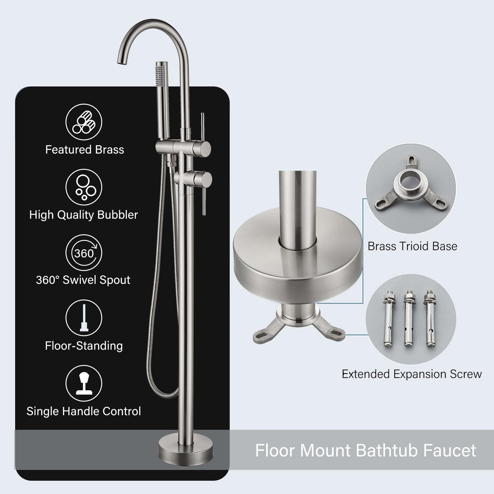 YAGATAP Freestanding Bathtub Faucet - Floor Mount Tub Filler with Handheld Shower Mixer in Brushed Nickel - High Flow Shower Faucet with Swivel Spout for Modern Bathroom Luxury | Perfect for Spa-Like Relaxation and Elegant Bathroom Upgrades