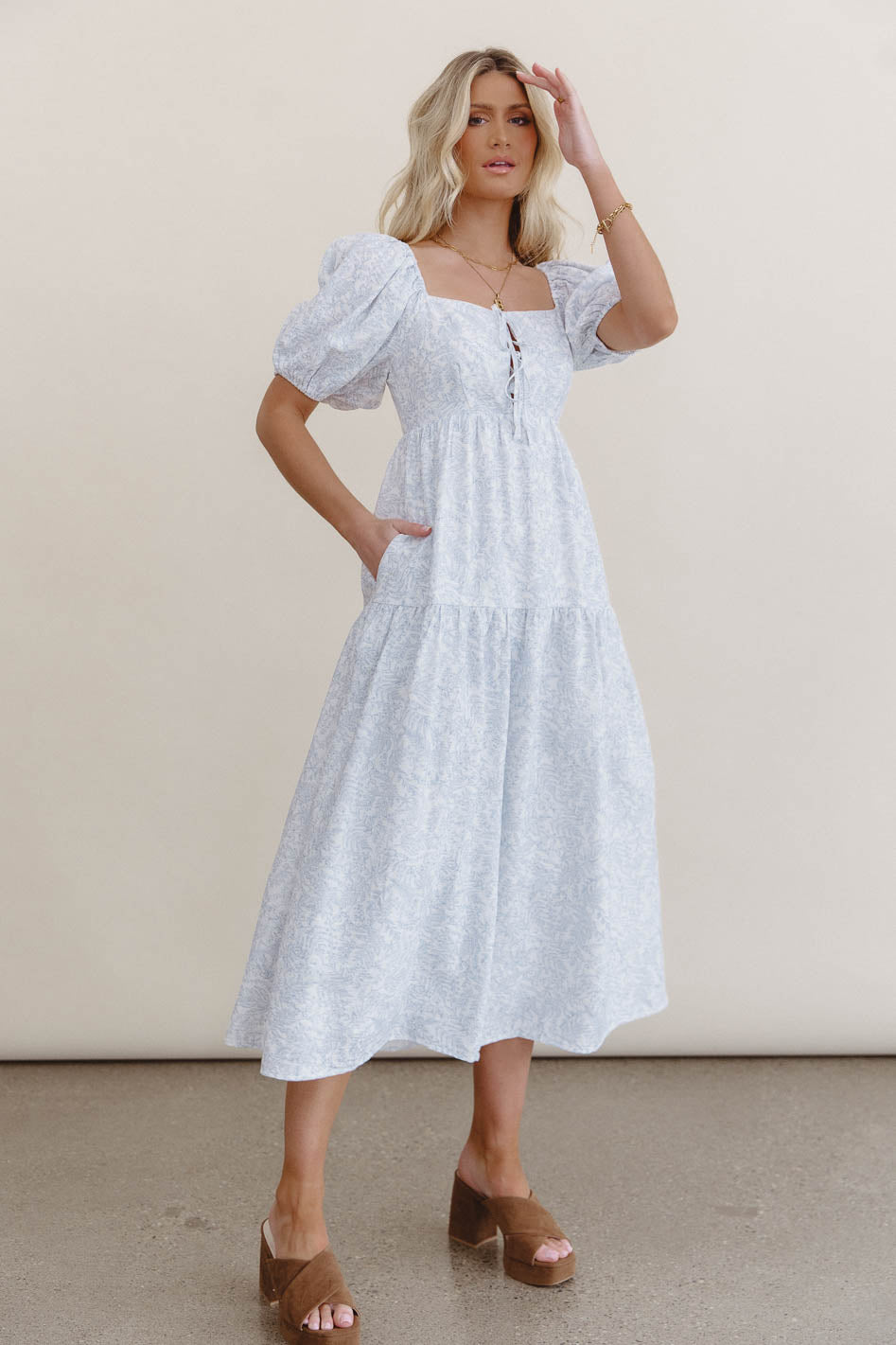 Kelsie Floral Midi Dress in Blue - Elegant Summer Dress for Women, Perfect for Weddings, Parties & Beach Vacations