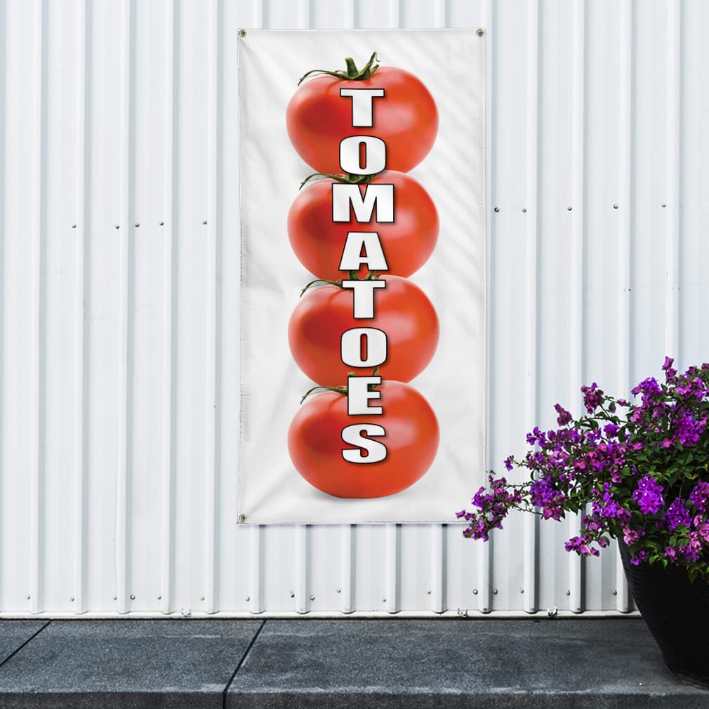 Custom Vertical Vinyl Banner - Durable Weatherproof Outdoor Sign for Tomatoes Food Fair, Business Promotion & Industrial Yard (144x60 Inches, 10 Grommets) - Perfect for Events, Trade Shows & Outdoor Advertising