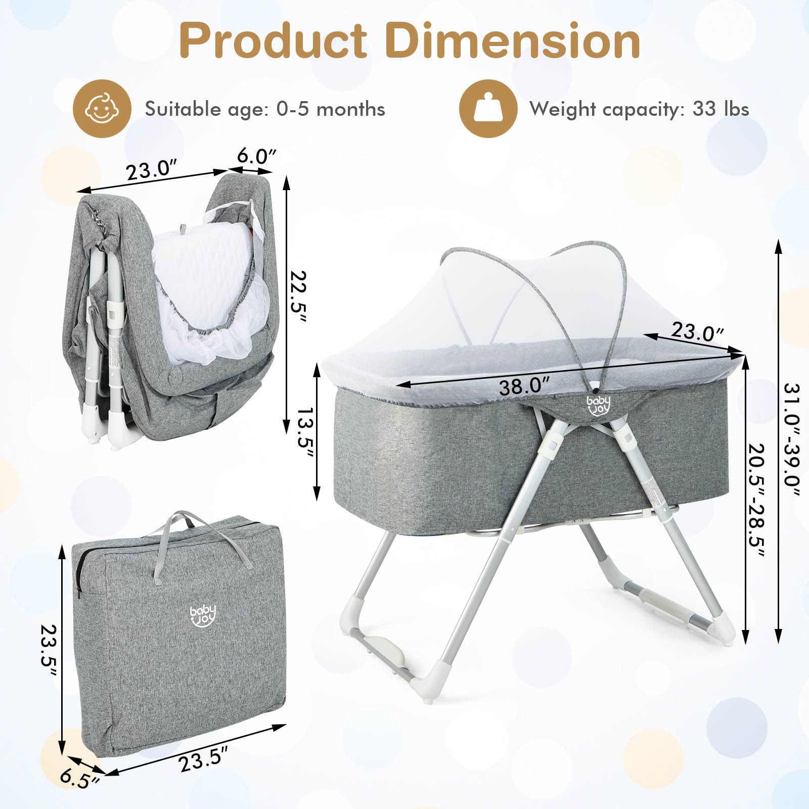 BABY JOY 2-in-1 Rocking Bassinet & Bedside Sleeper with Detachable Canopy, Breathable Mesh, Adjustable Height & Travel Bag - Portable Folding Baby Crib for Newborns - Perfect for Nursery, Bedroom & Travel Use