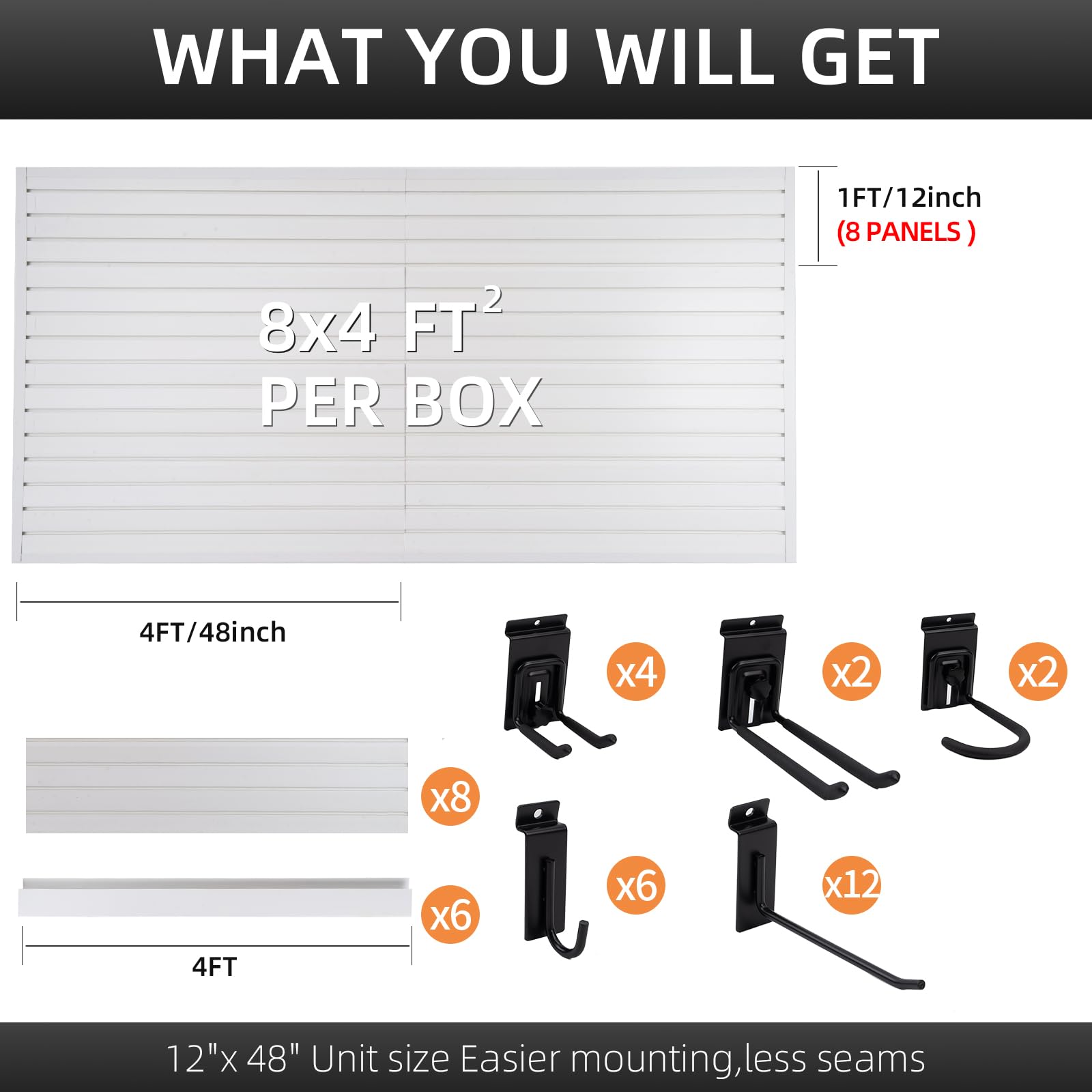4x8 ft White PVC Slat Wall Paneling with 26 Hanging Hooks - Durable Garage Storage System & Wall Organizer for Tools, Bikes & Sports Equipment | Perfect for Garage, Workshop & Retail Displays