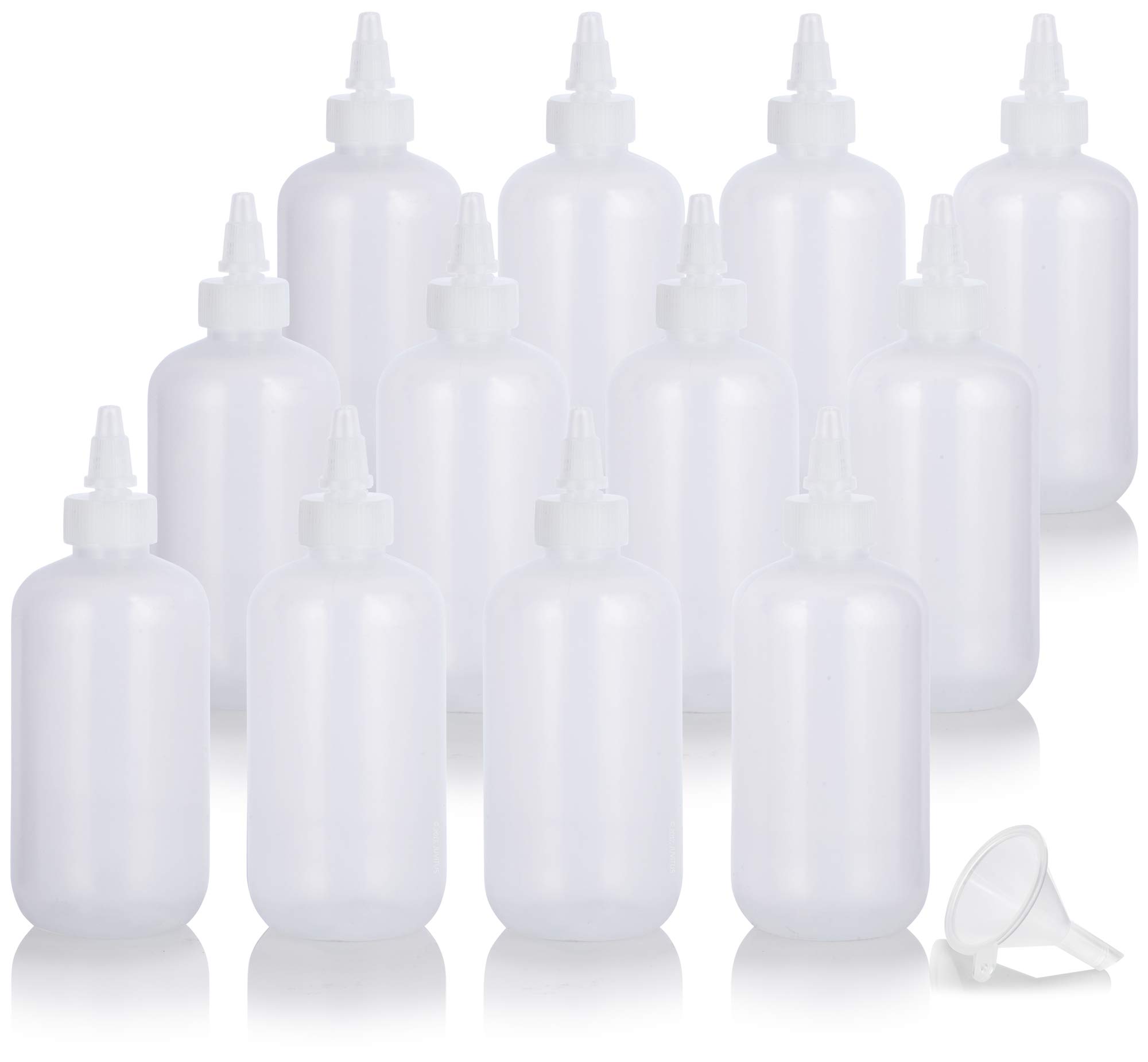 JUVITUS 12-Pack 8 oz Clear LDPE Plastic Squeeze Bottles with Twist Caps & Funnel - Leak-Proof for Kitchen, Bathroom, Travel & DIY Projects