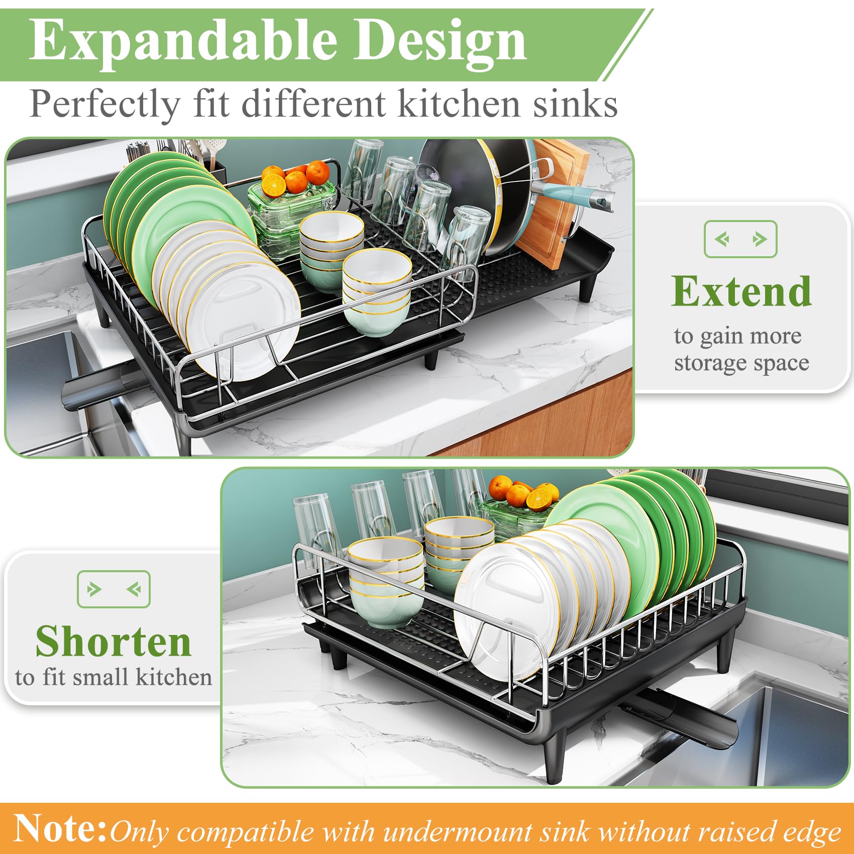 Expandable Dish Drying Rack for Kitchen Counter - Large Dish Drainer with Pan Holder, Utensil Holder & Drainboard Cup Holder | Space-Saving Black Dish Rack for Small Kitchens, Apartments & Dorm Rooms