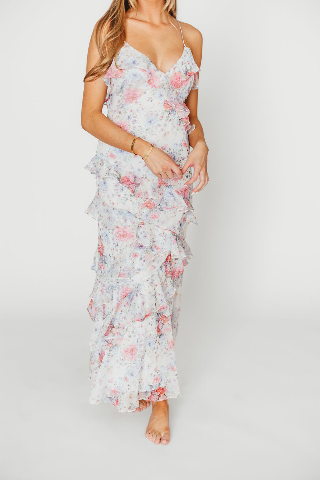 Amelia Ruffle Maxi Dress - White & Multi Floral Print Summer Beach Dress for Women | Boho Chic Wedding Guest Dress & Vacation Outfit