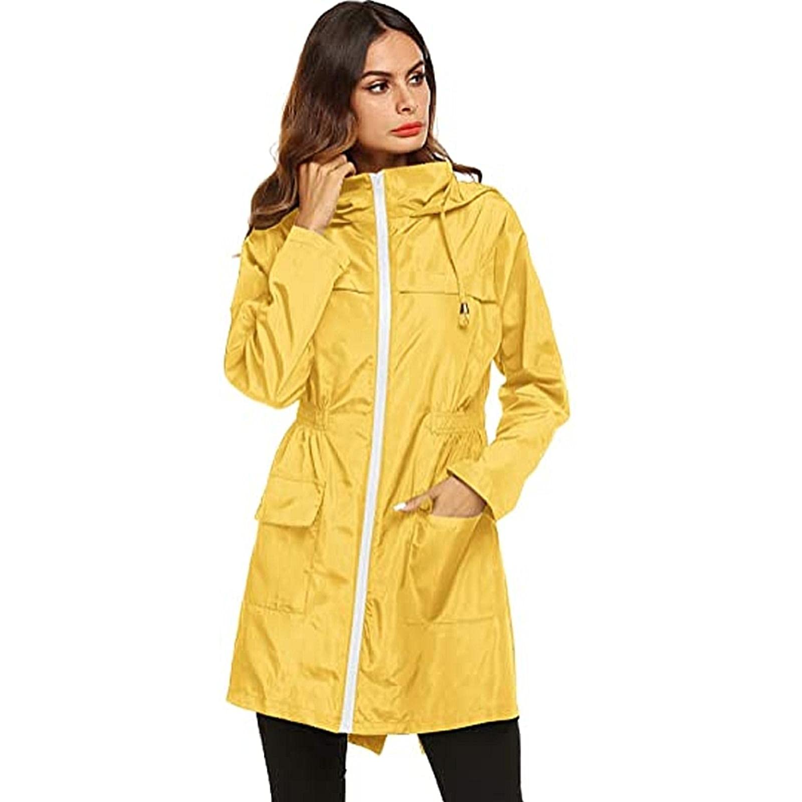 Women's Waterproof Hooded Trench Coat - Lightweight Windbreaker Rain Jacket with Zipper & Pockets for Outdoor Activities, Hiking, and Commuting
