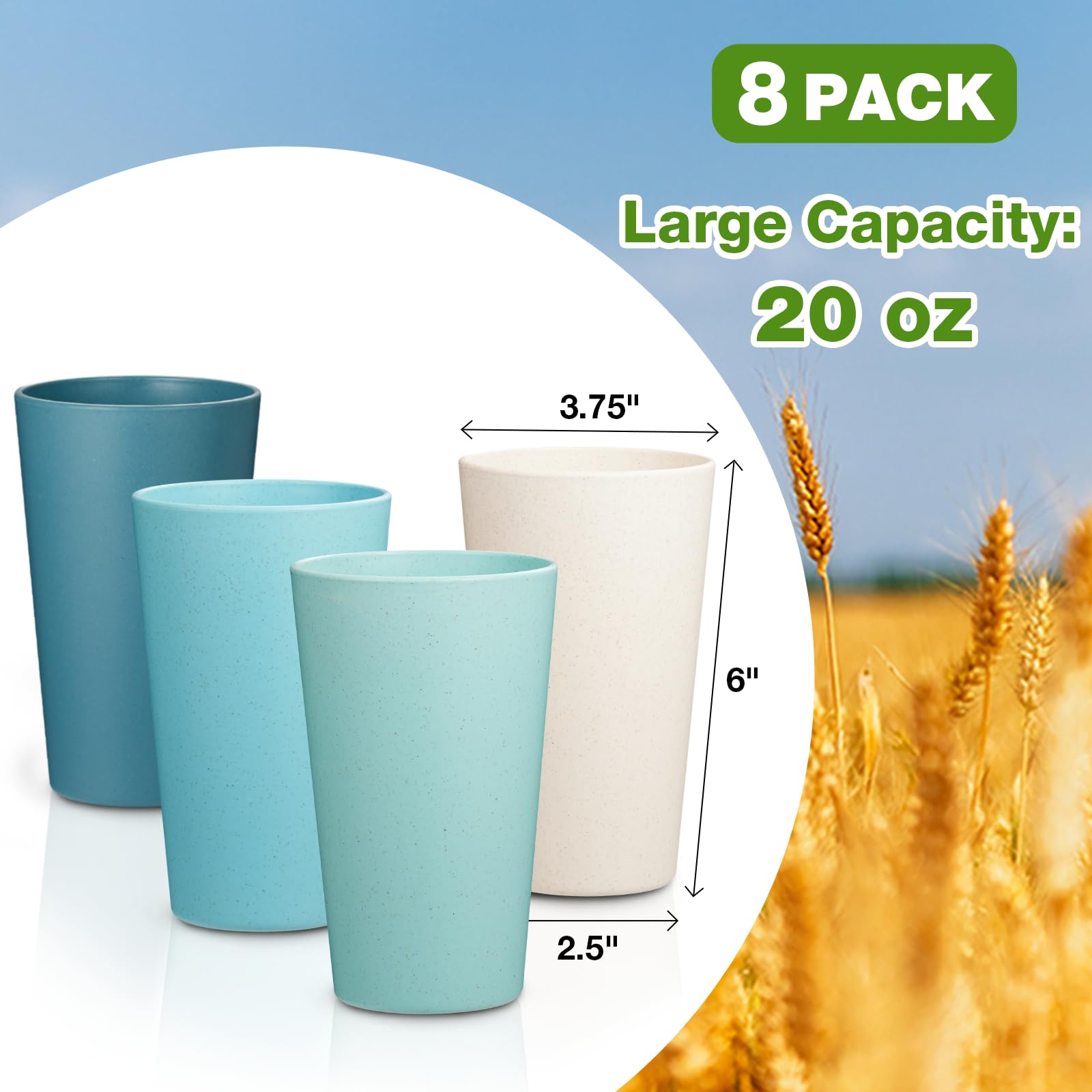 **8-Pack Wheat Straw Cups - 20oz Unbreakable, Chip-Resistant, BPA-Free Reusable Tumblers for Water, Juice & Smoothies - Dishwasher & Microwave Safe - Perfect for Kitchen, Camping, Travel & Outdoor Activities**