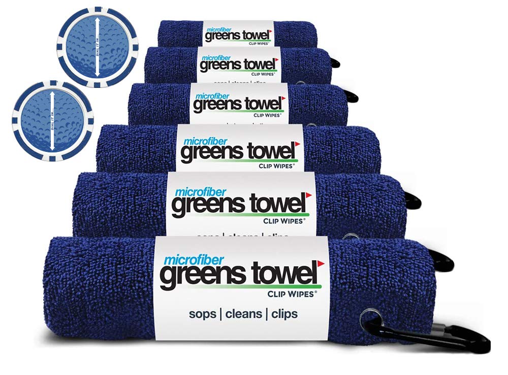 Original Greens Towel 6-Pack Navy Blue Golf Clip Towels with 2 Poker Chip Ball Markers | Premium Plush Microfiber 16x16 Golf Towels | Perfect for Golf Course, Driving Range & Clubhouse Use