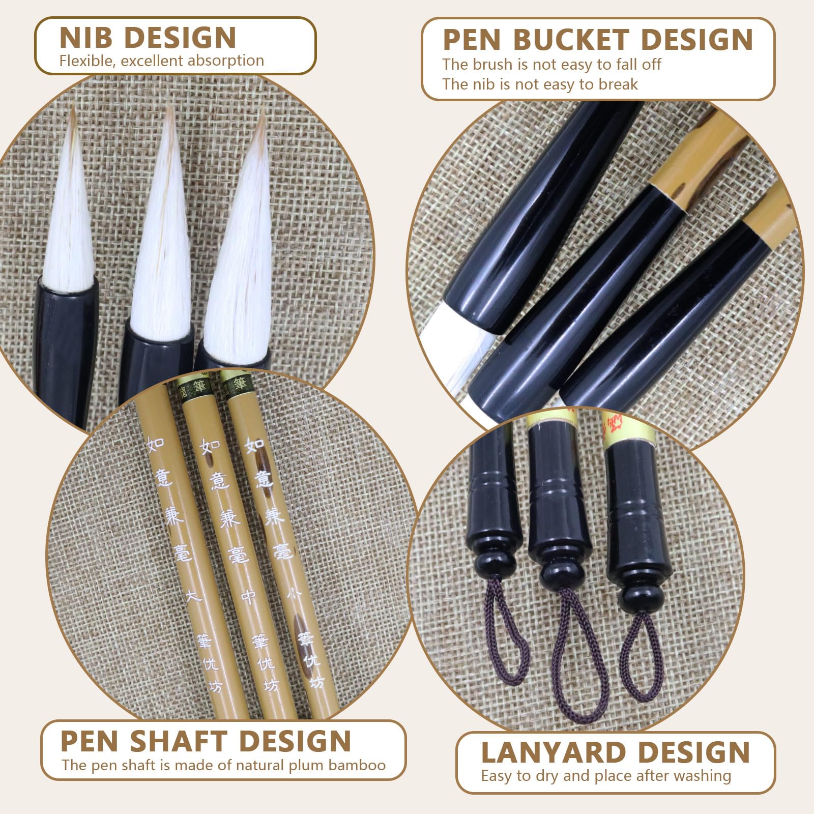 Premium Chinese Calligraphy Brush Set - 3 Sizes (Large, Medium, Small) with Bamboo Pen Holder | Traditional Sumi Ink Painting & Writing Brushes for Beginners & Artists | Perfect for Asian Art, Zen Calligraphy Practice & Home Decor