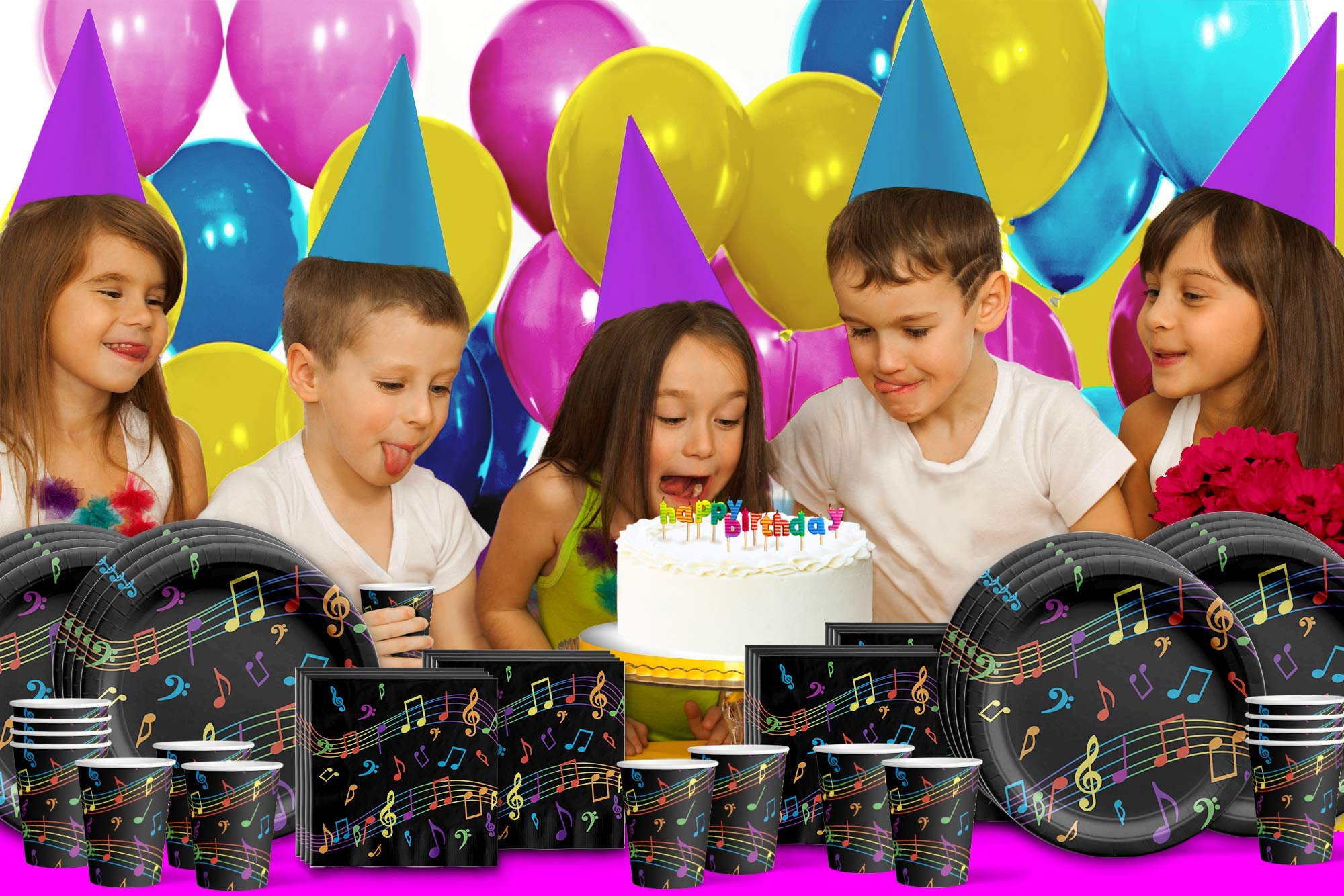Vibrant Music Notes Themed Birthday Party Supplies Set - 16-Piece Tableware Kit with Plates, Napkins & Cups for Kids' Celebrations, Baby Showers & Themed Events