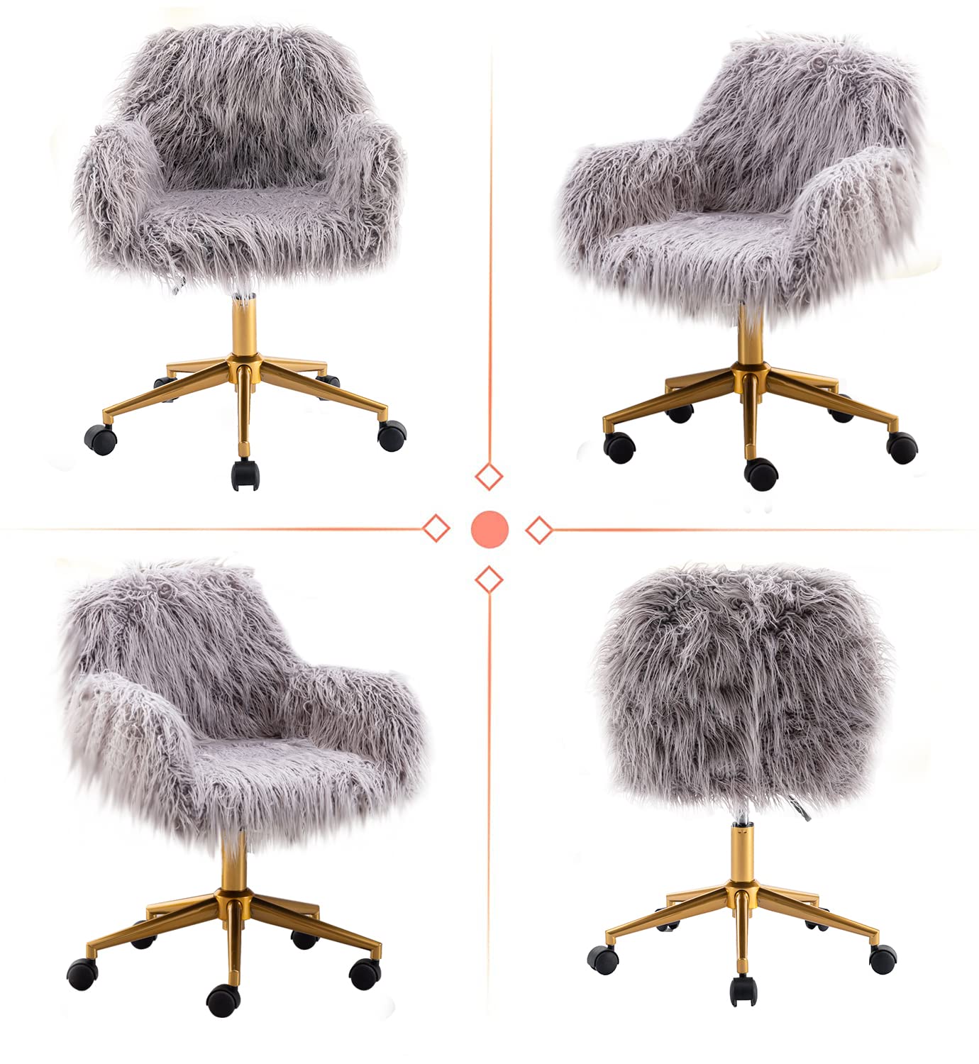Luxury Faux Fur Office Chair with Gold Legs - Adjustable Swivel Vanity Chair for Women & Teens, Soft Fluffy Desk Chair for Home Office, Makeup Room & Bedroom (Grey) - Perfect for Working, Studying & Relaxing in Style