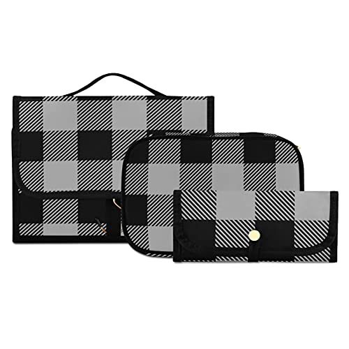 Grey Black Checker Plaid 3-Piece Travel Cosmetic Set - Women's Hanging Toiletry Bag, Makeup Organizer & Pencil Case for Brushes | Perfect for Vacation, Gym & Daily Essentials Storage