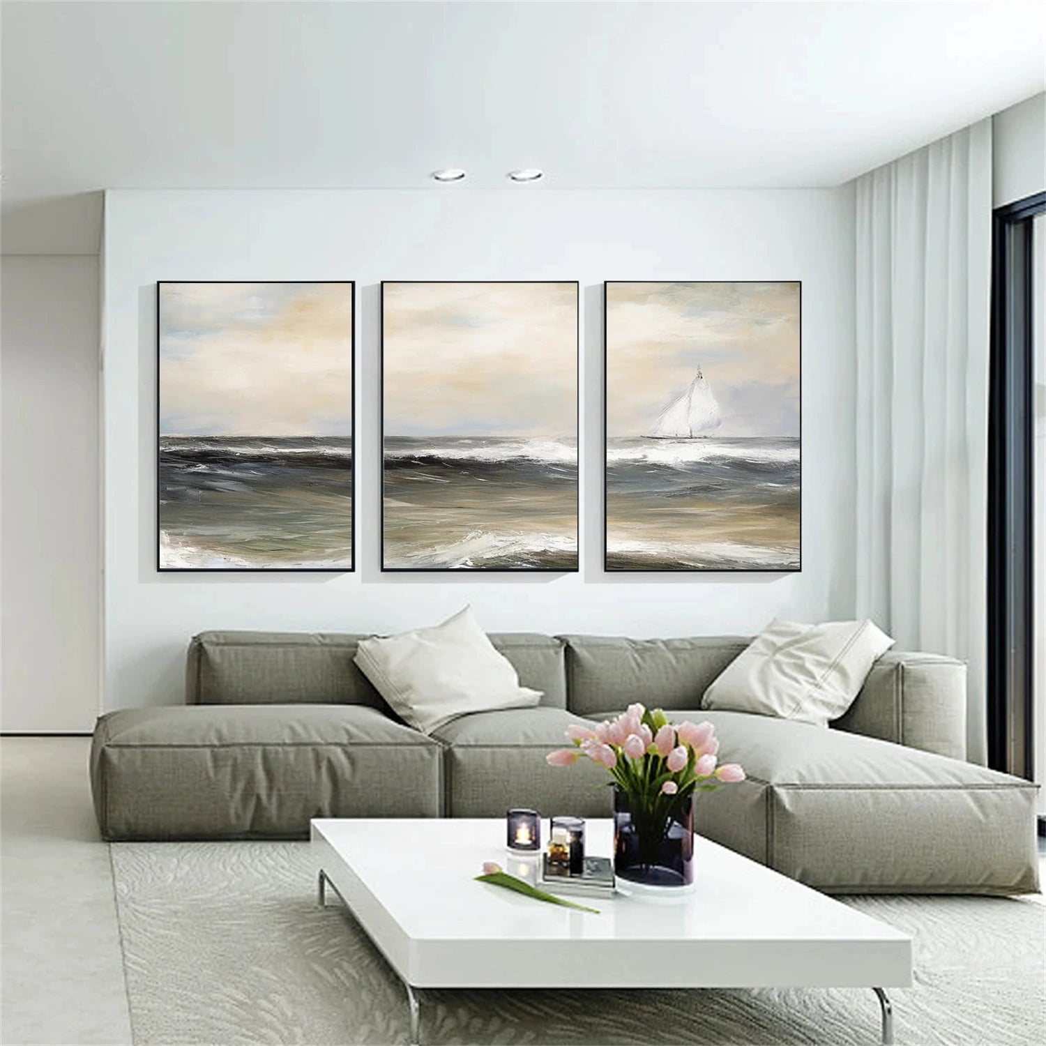 Ocean and Sky Painting Set of 3 - Coastal Wall Art for Living Room, Bedroom & Office Decor | Modern Abstract Seascape Canvas Prints
