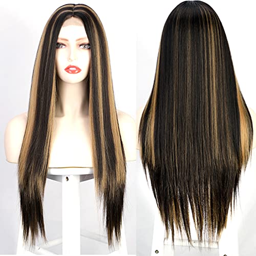 Long Straight Ombre Brown Wig with Middle Part - Natural Looking Synthetic Hair for Daily Wear & Cosplay