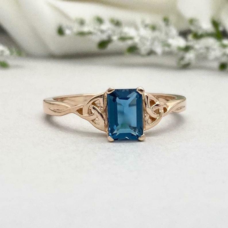 1ct Emerald Cut London Blue Topaz Celtic Trinity Knot Ring - Yellow Gold Plated for Women | Elegant Jewelry Gift for Anniversary, Wedding & Special Occasions