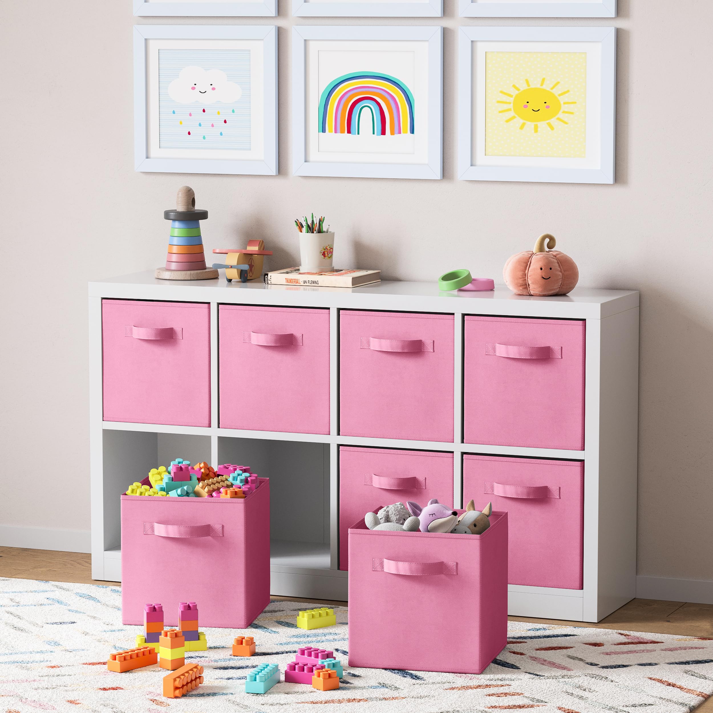 11 Inch Fabric Storage Cubes with Handles (Set of 8) - Foldable Closet Organizer Bins for Shelves, Toys & Home Organization | Light Pink Cubby Baskets for Bedroom, Nursery & Playroom Storage