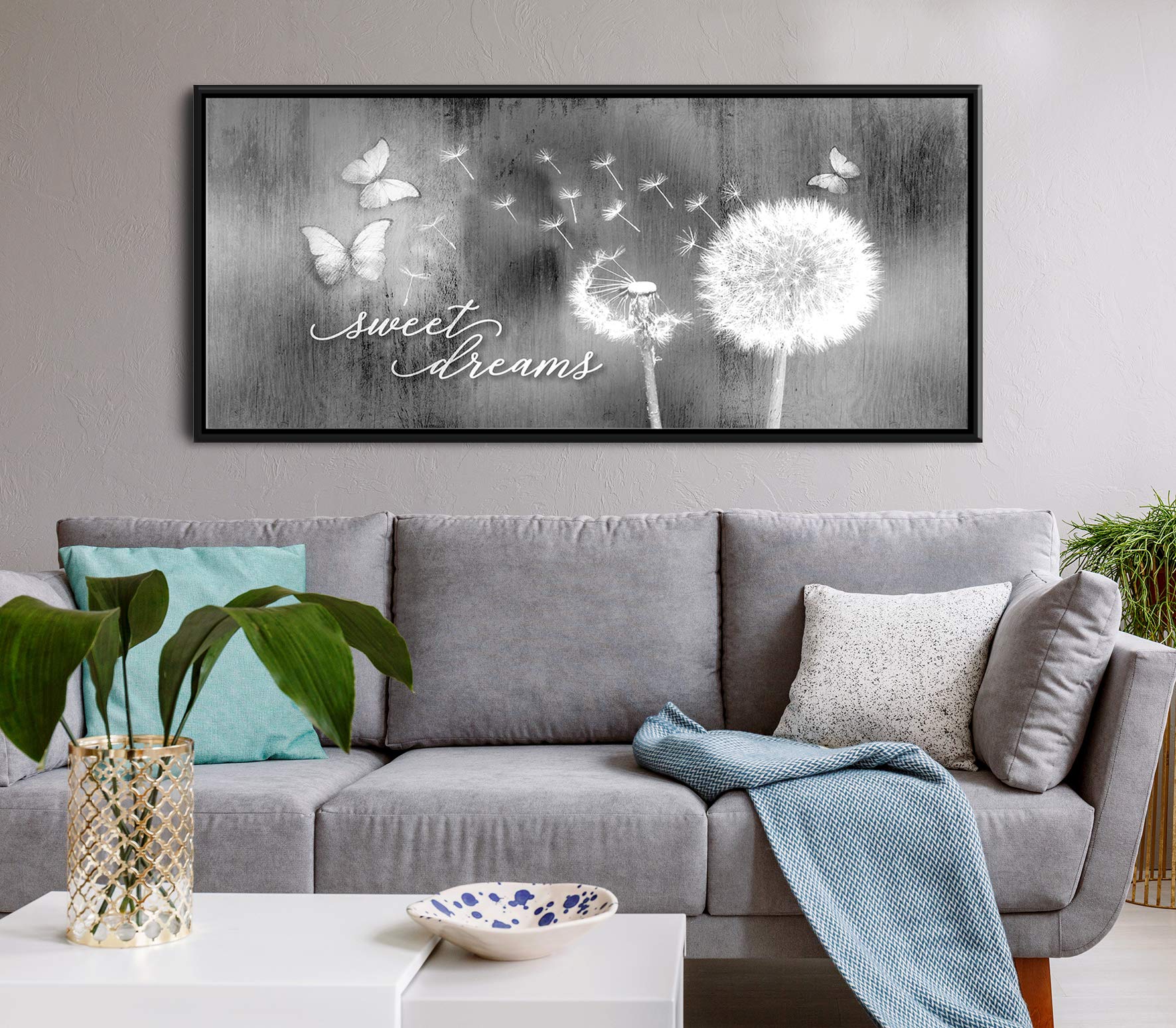 Sweet Dreams Dandelion Wall Art - Large Floating Frame Bedroom Decor (42x19) | Grey & Black Masterpiece for Above Bed Decor | Perfect for Modern Bedroom, Nursery & Living Room Wall Art