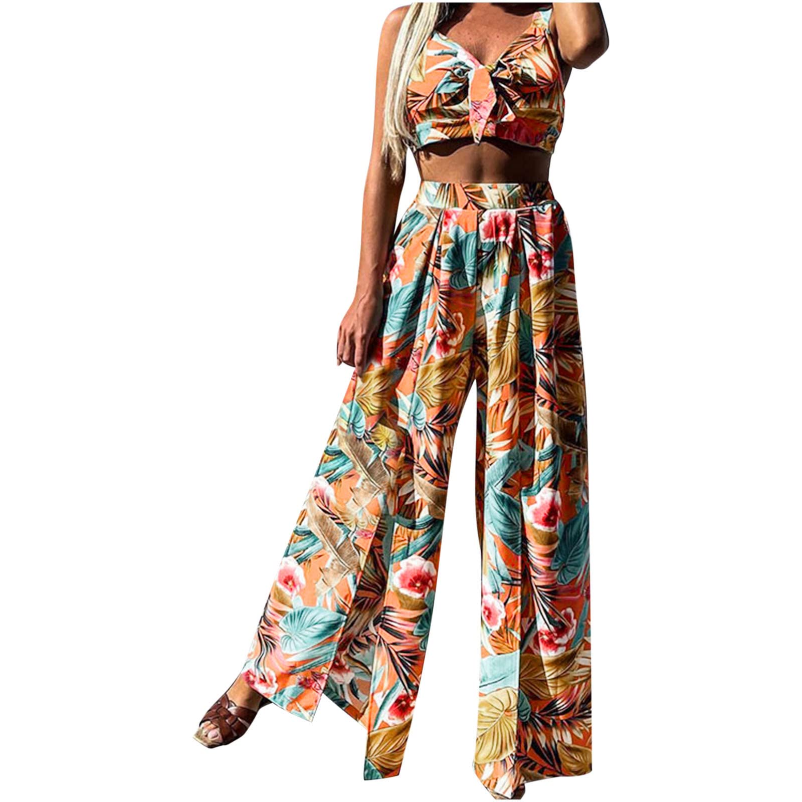 Women's Printed Two-Piece Pantsuit Set - Elegant Bow Camisole & Slit Trousers Outfit for Summer | Casual Office Wear, Date Night, Party & Vacation Matching Sets