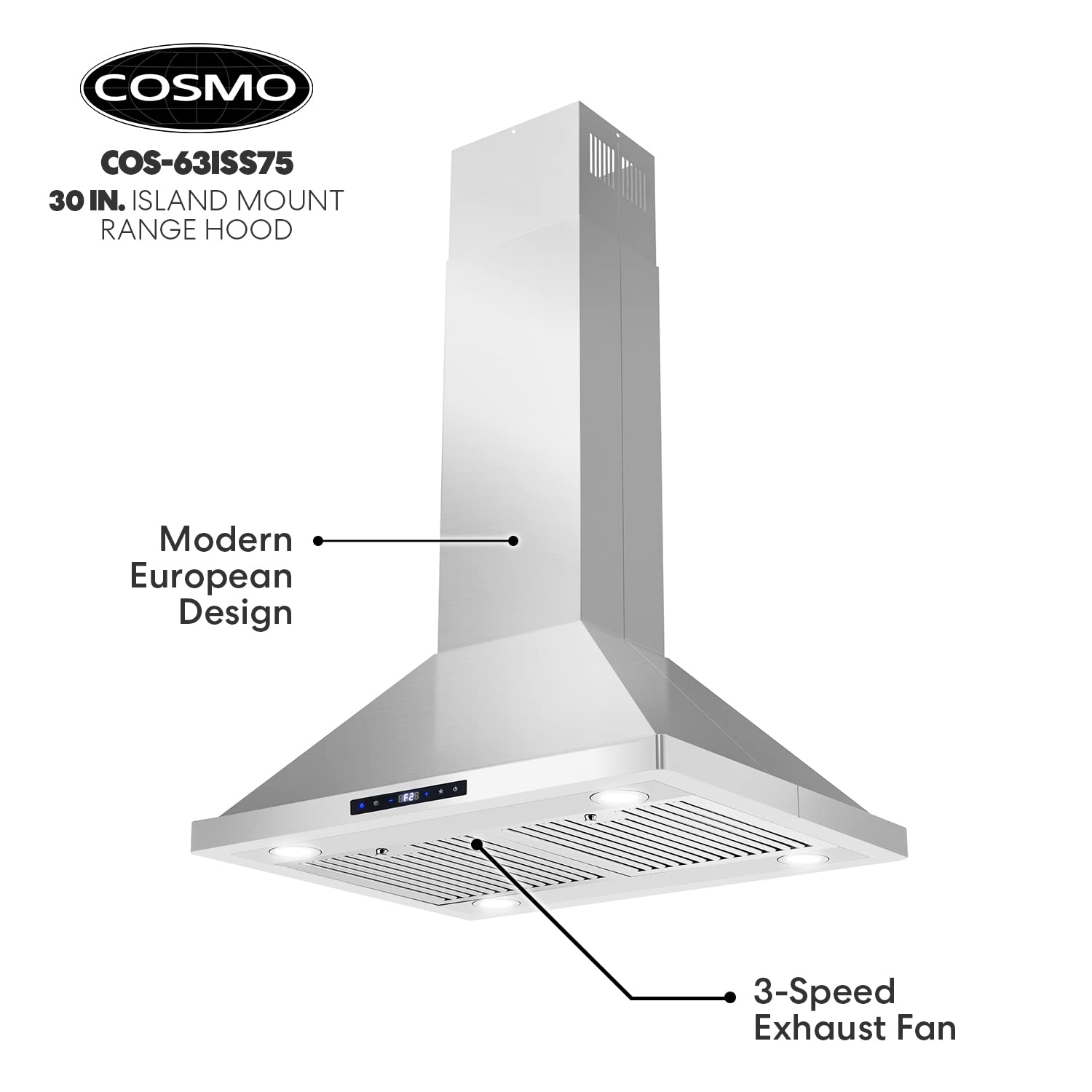 COSMO COS-63ISS75 30-inch Stainless Steel Ducted Island Range Hood - 380 CFM, Soft Touch Controls & LED Lights - Perfect for Modern Kitchen Islands & Open Concept Homes