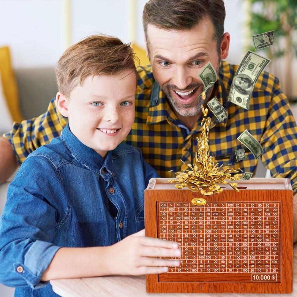 Wooden Cash Vault Savings Box - $10,000 Money Saving Challenge with Target Numbers - Piggy Bank for Adults & Kids - Perfect for Budgeting, Financial Goals, and Teaching Kids Money Management