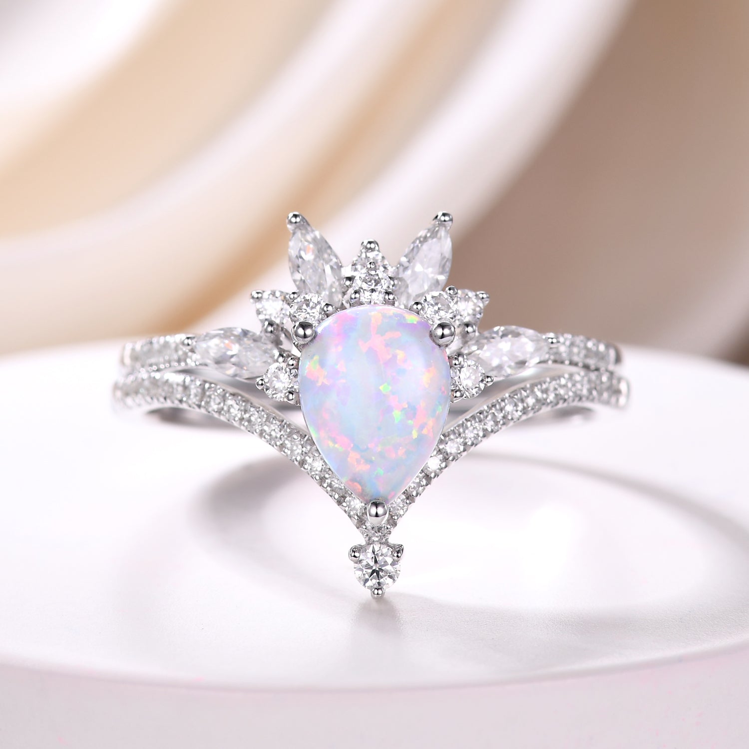 Vintage Opal Wedding Ring Set - 14k White Gold Moissanite Curved Band for Women - Elegant Bridal Jewelry for Engagement, Anniversary & Special Occasions