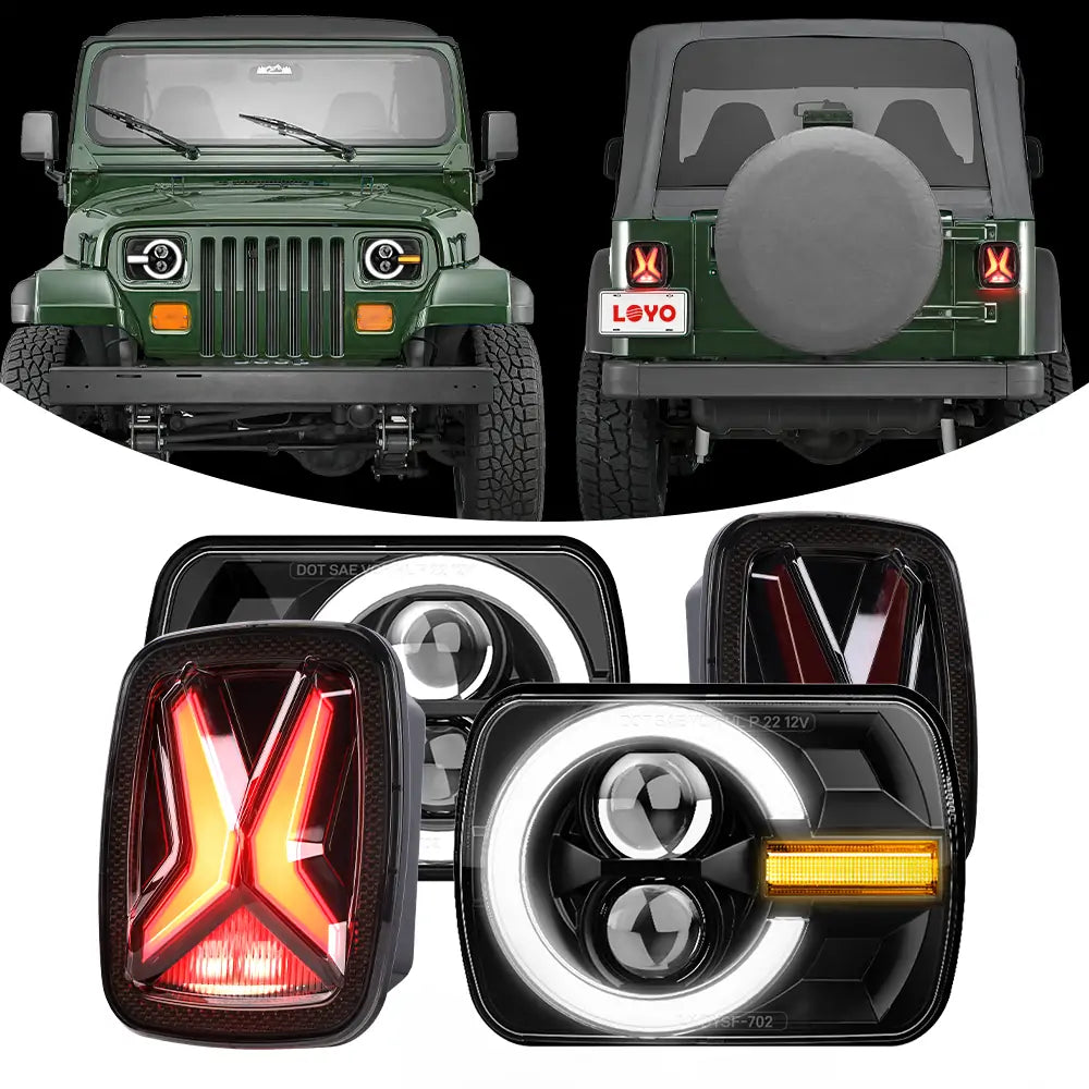 LOYO New Upgrade 5x7 LED Headlights and Tail Lights Kit - Compatible with Jeep Wrangler YJ (1987-1995) - High Brightness Waterproof Off-Road Lighting for Night Driving & Adventure