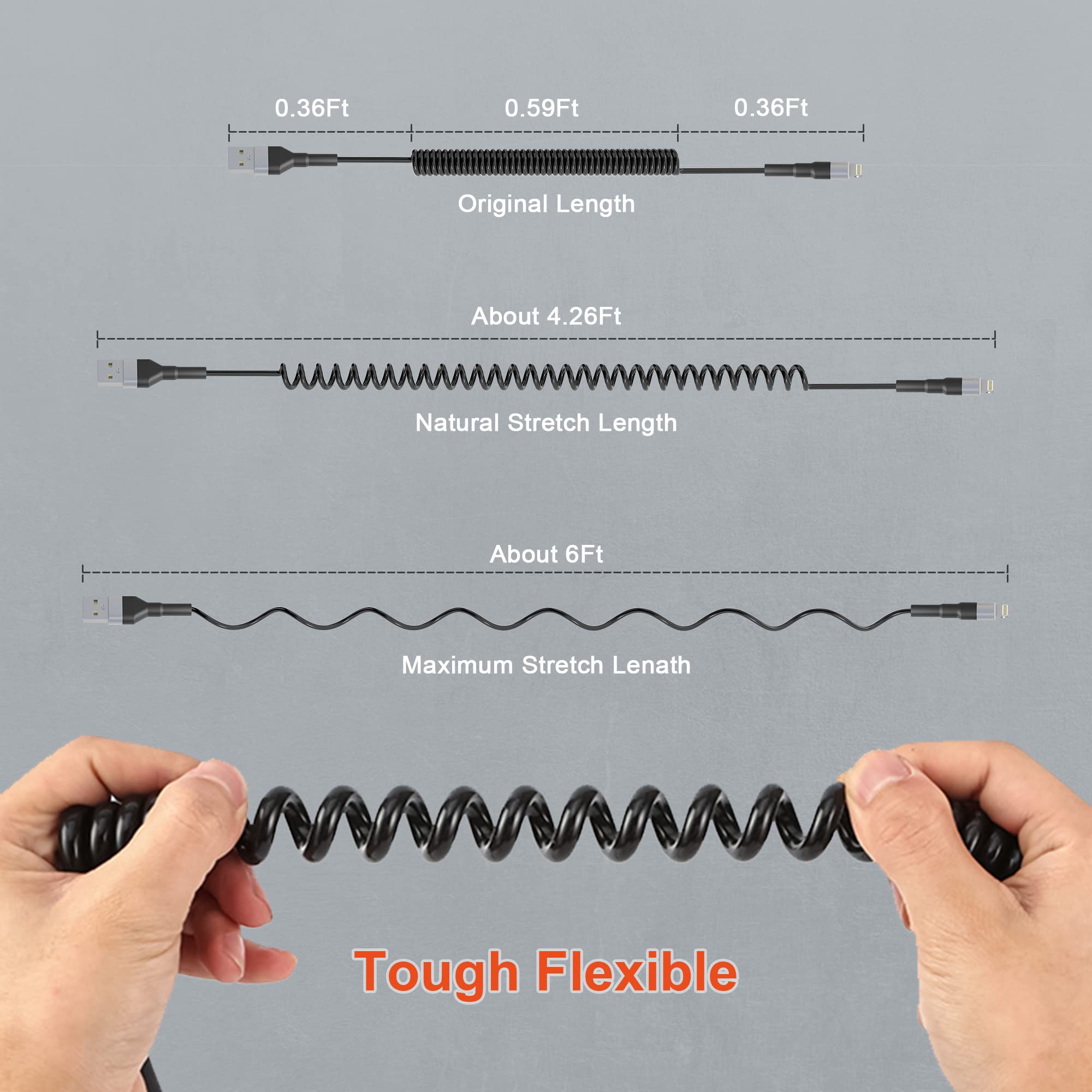 Apple MFi Certified Coiled Lightning Cable - USB to Lightning Retractable Charger Cord with LED & Fast Data Sync for iPhone, iPad, iPod - Perfect for CarPlay, Home & Office Charging