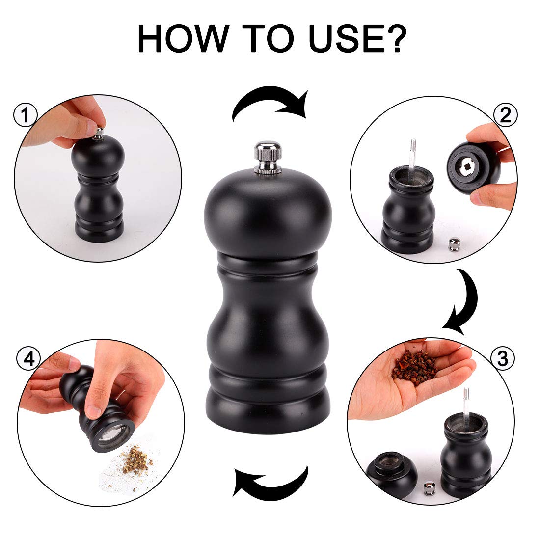 Premium 4.5 Inch Wooden Salt and Pepper Grinder Set - Adjustable Coarseness for Seasoning, Cooking & Meal Prep - Perfect for Kitchen, Dining Table & BBQ Parties (Black)