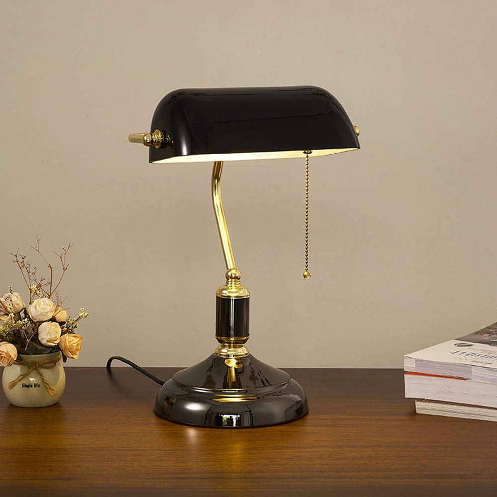 Vintage Bankers Lamp with Traditional Pull Chain Switch - Retro Brass Finish Gold Desk Lamp for Home Office, Study, Reading & Bedroom - Classic Black Shade for Warm Ambient Lighting