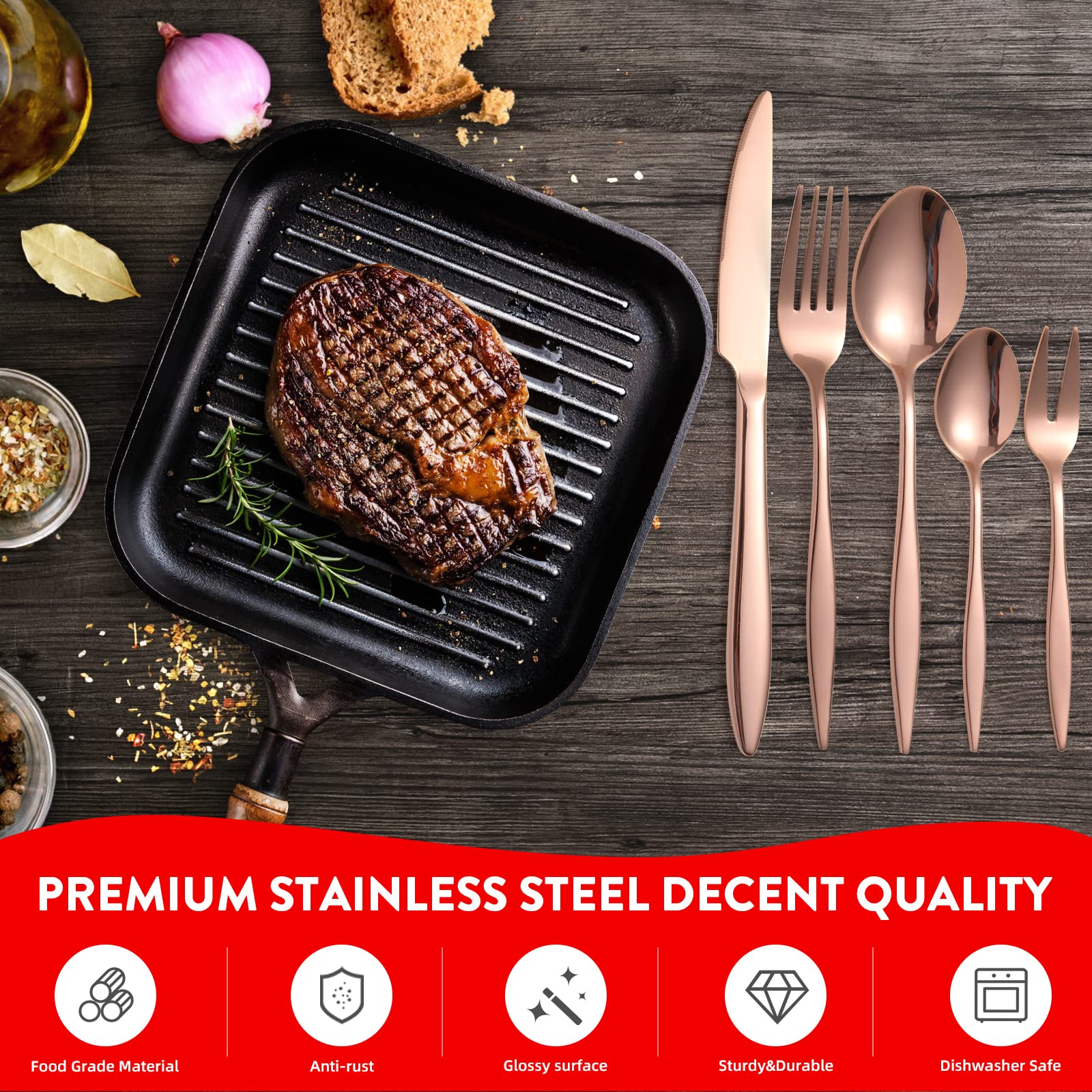 Premium 30-Piece Rose Gold Flatware Set - Stainless Steel Silverware for 6, Elegant Dining Utensils with Forks, Knives & Spoons - Perfect for Home, Restaurant & Wedding Table Settings - Durable Kitchen Essential & Dinner Party Tableware