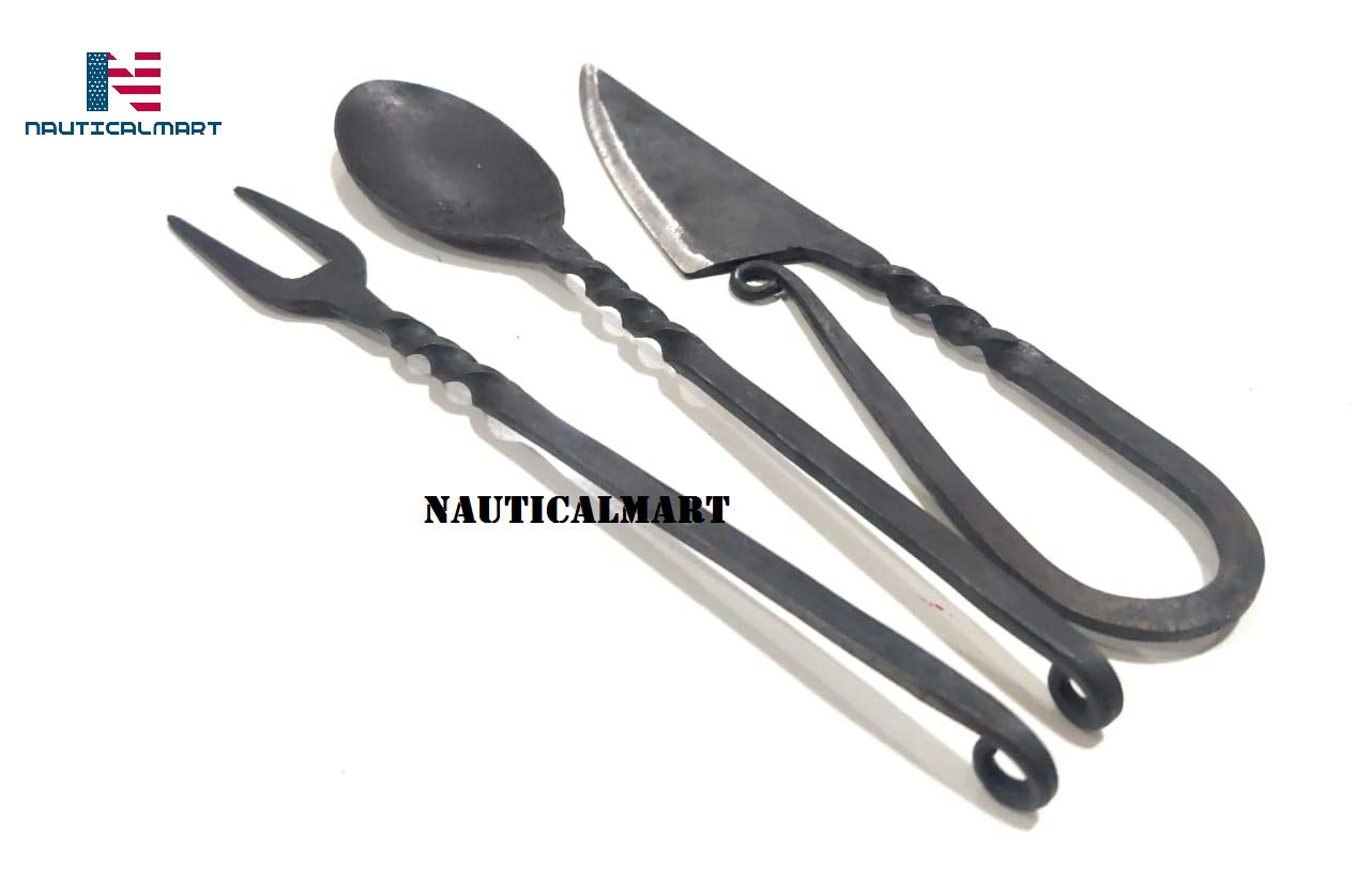 Medieval Eating Utensil Set - Handcrafted Iron Fork, Knife & Spoon - Authentic Renaissance Dinnerware for Reenactments, Themed Parties & Historical Collections