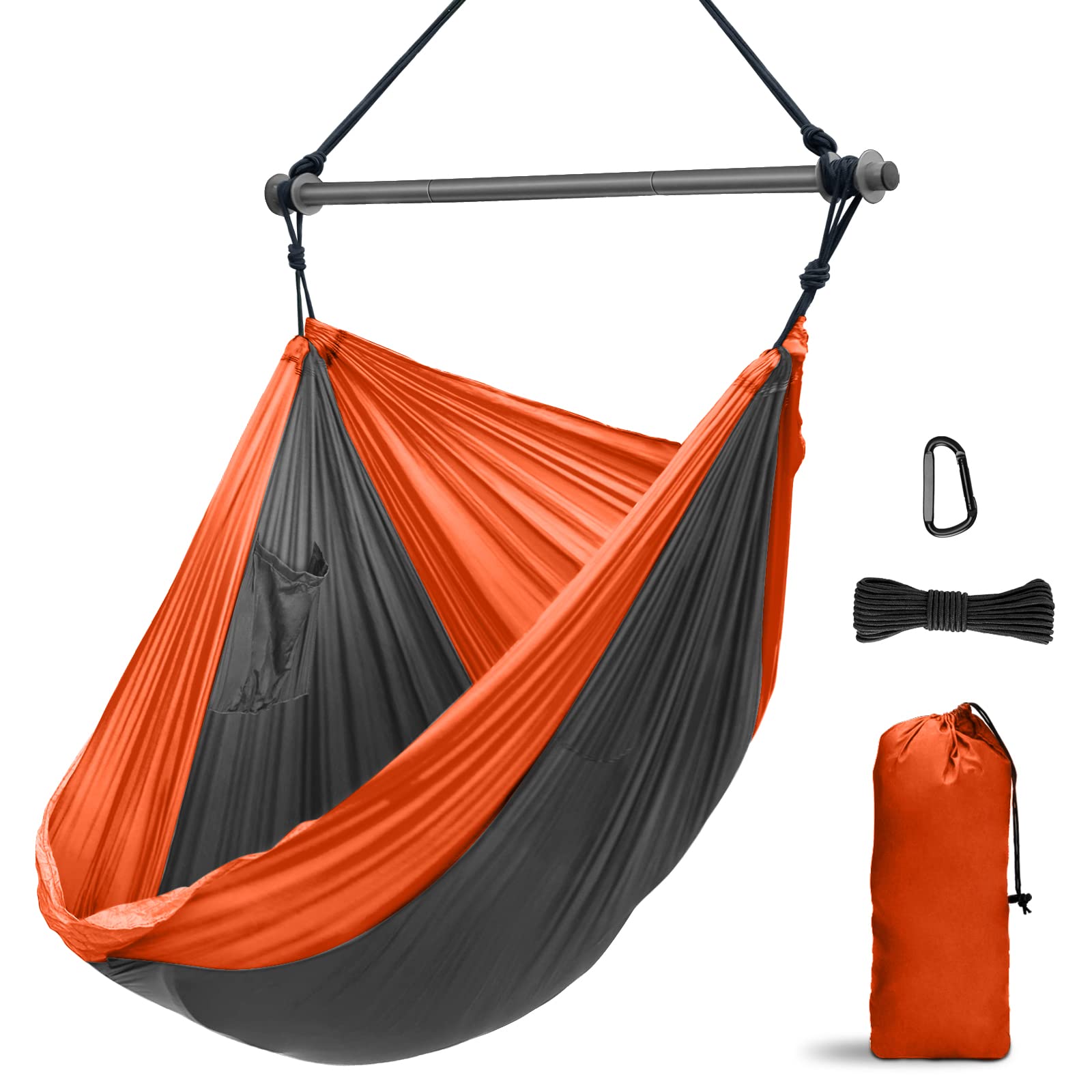 Portable Hammock Chair Swing - Lightweight Nylon Parachute Hanging Chair with Detachable Metal Bar - Supports 500 lbs - Perfect for Outdoor, Indoor, Camping, Beach & Backpacking - Relaxing in Garden, Patio or Balcony