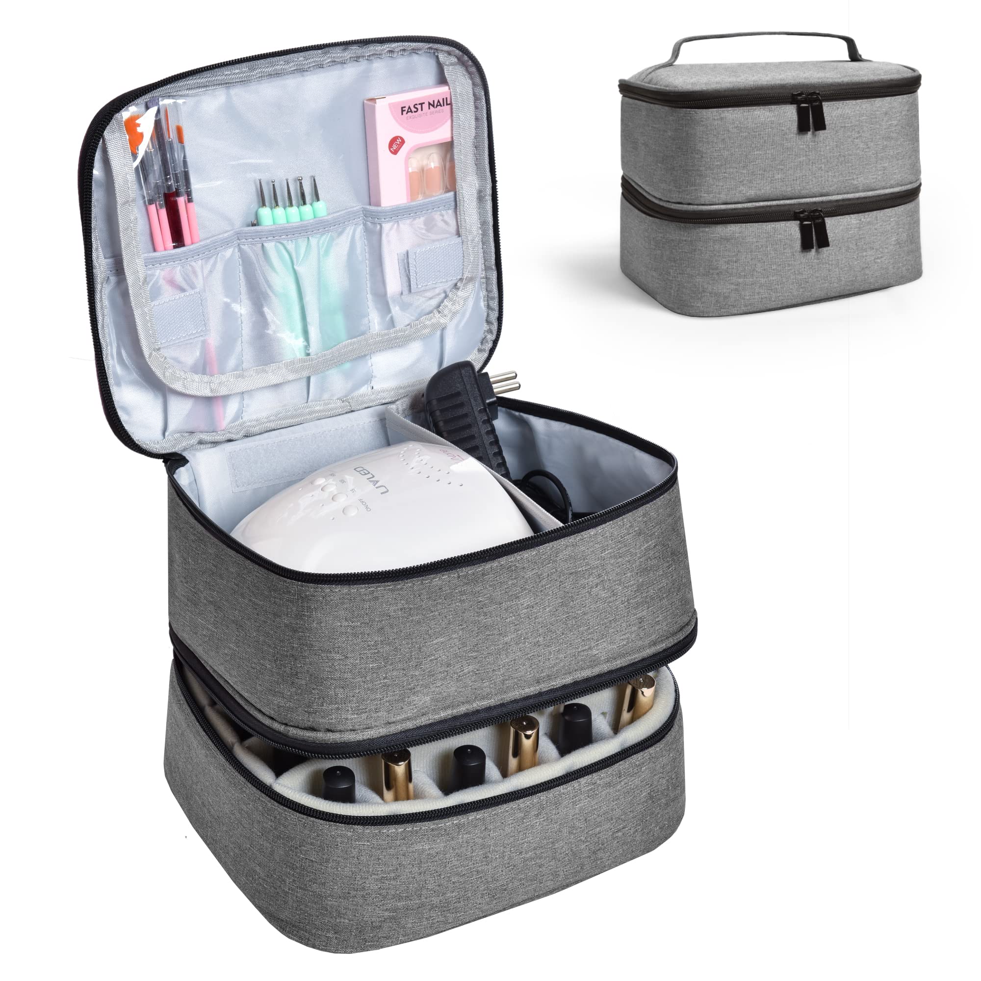 Horsande Nail Polish Organizer Holds 30 Bottles (0.5 fl.oz/15ml) - Portable Nail Polish Storage Case for UV Lamp & Nail Art Accessories (Grey) - Perfect for Salon Professionals & At-Home Manicures