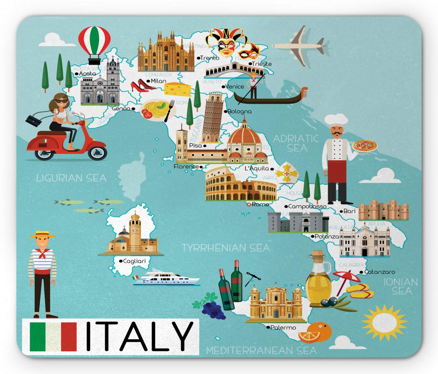 Lunarable Sicily Mouse Pad - Cartoon Historic Landmark Map of Italy, Non-Slip Rubber Mousepad (Standard Size, Pale Seafoam & Multicolor) for Office, Gaming & Home Computer Use