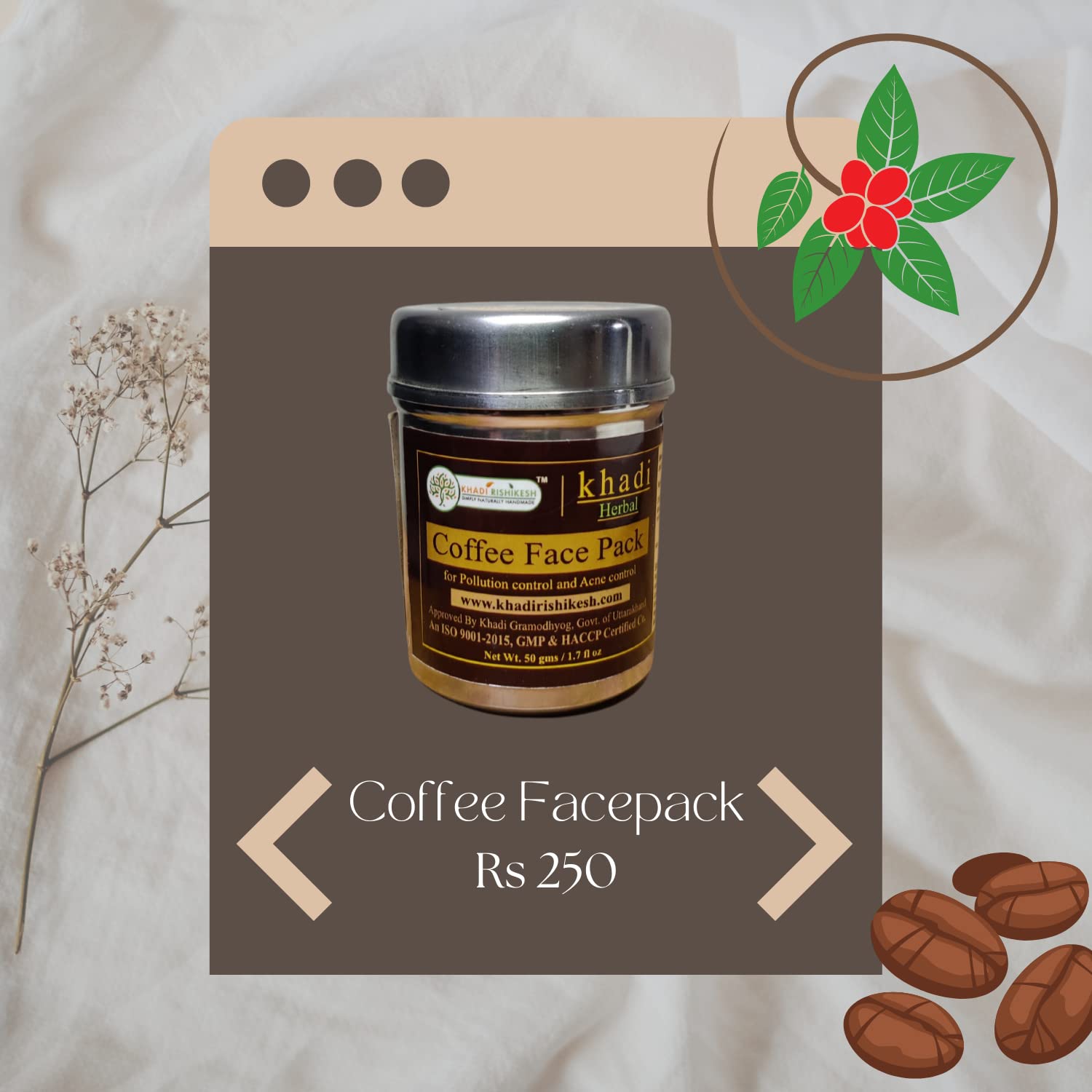 Khadi Rishikesh Herbal Coffee Tan Removal Face Mask - Brightens Skin, Cleanses Pores & Controls Oil - Natural Glow for Women & Men - Perfect for Summer Skincare & Daily Use - Includes Free Rumal