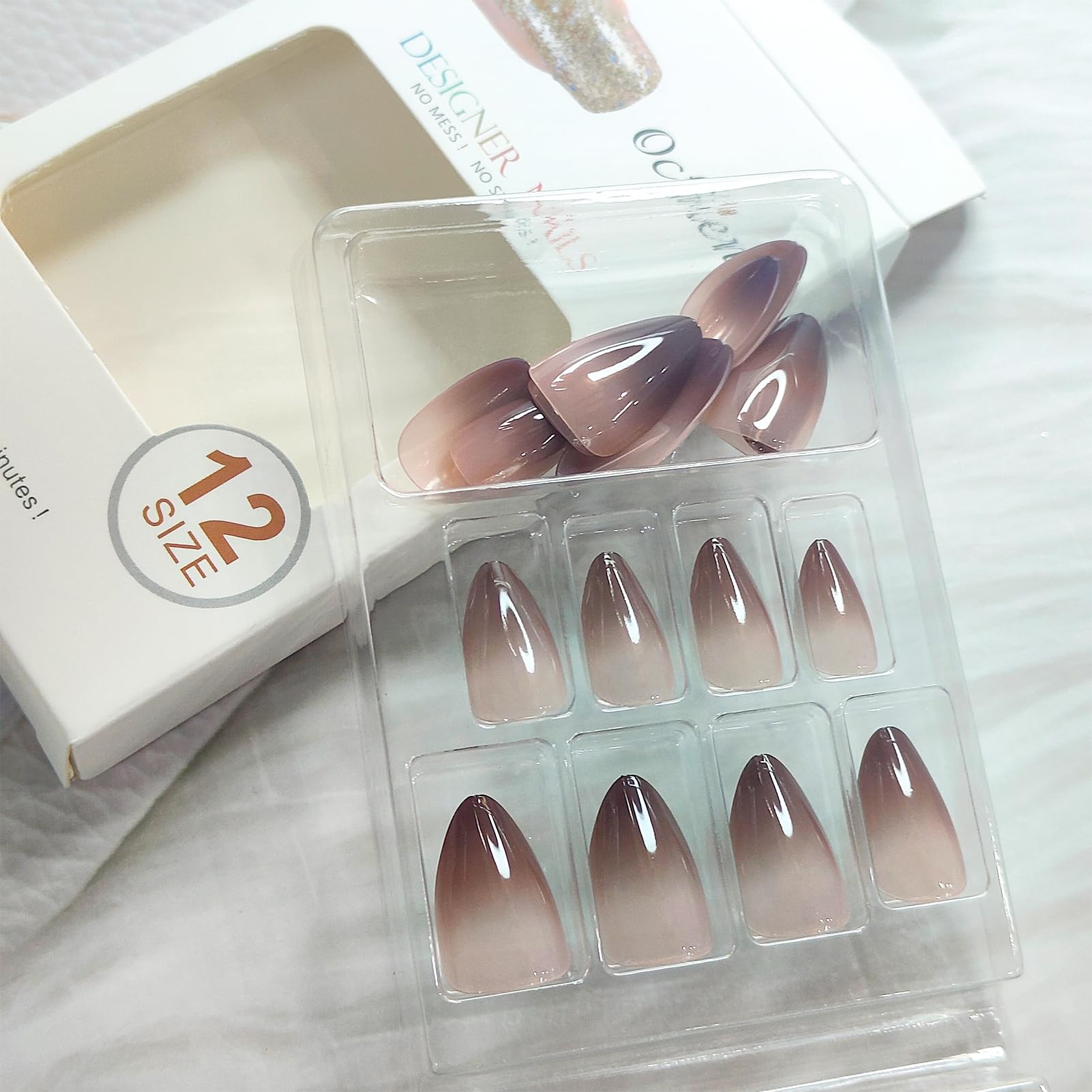 Gradient Brown Chrome Press on Nails - Medium Almond Fake Nails with Mirror Metal Design | Glossy Ombre Acrylic Glue on Nails for Women & Girls | 24Pcs Manicure Set for Parties, Weddings & Special Occasions