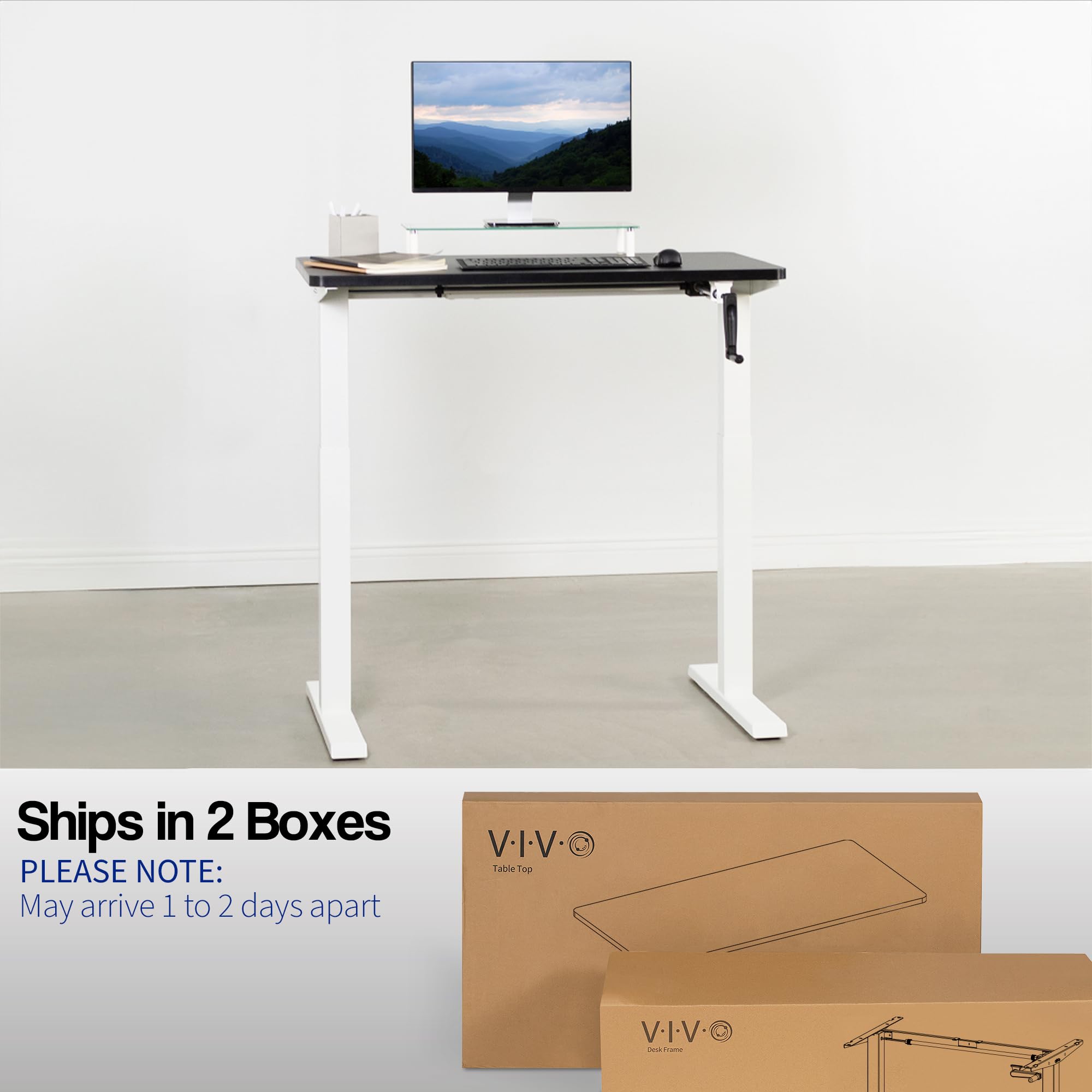 VIVO 43 x 24 Inch Adjustable Standing Desk - Manual Height Adjustable Workstation with Solid Black Table Top & White Frame, Foldable Handle - Perfect for Home Office, Small Spaces & Ergonomic Workspaces