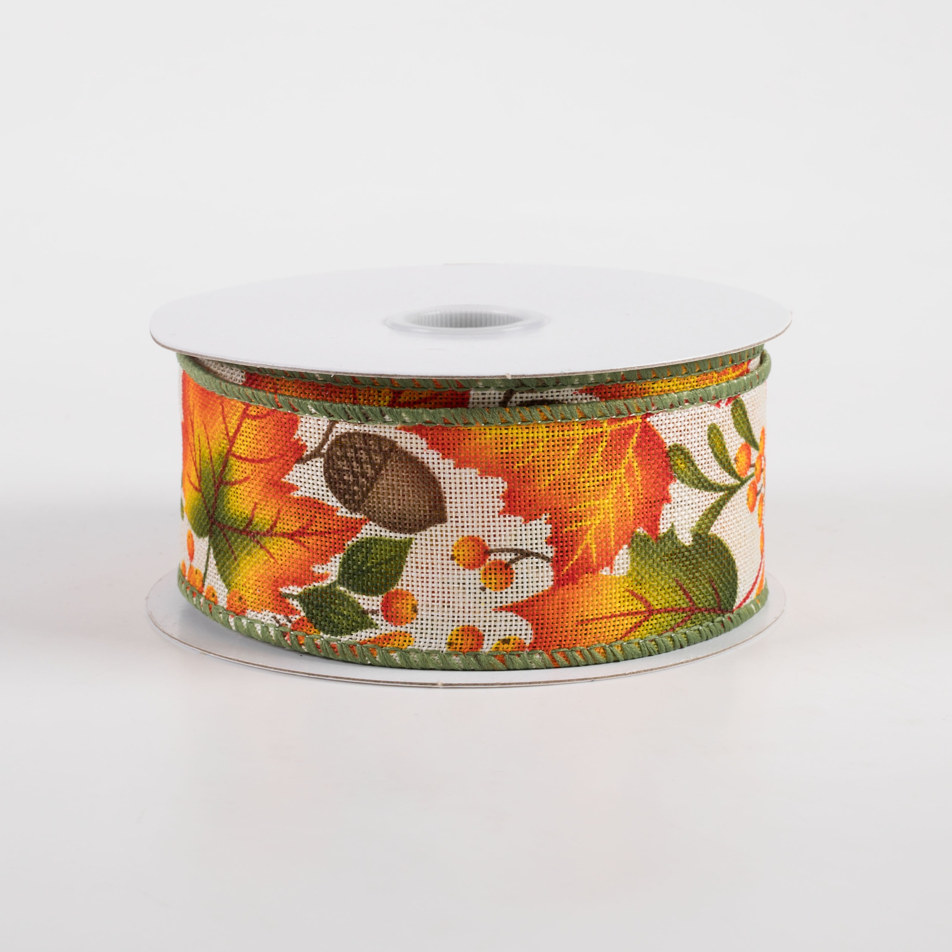 1.5 Inch Linen Brown Fall Leaves Ribbon with Ivory Accents - 10 Yards Bulk Roll for Autumn Crafts, Gift Wrapping, and Seasonal Decorations