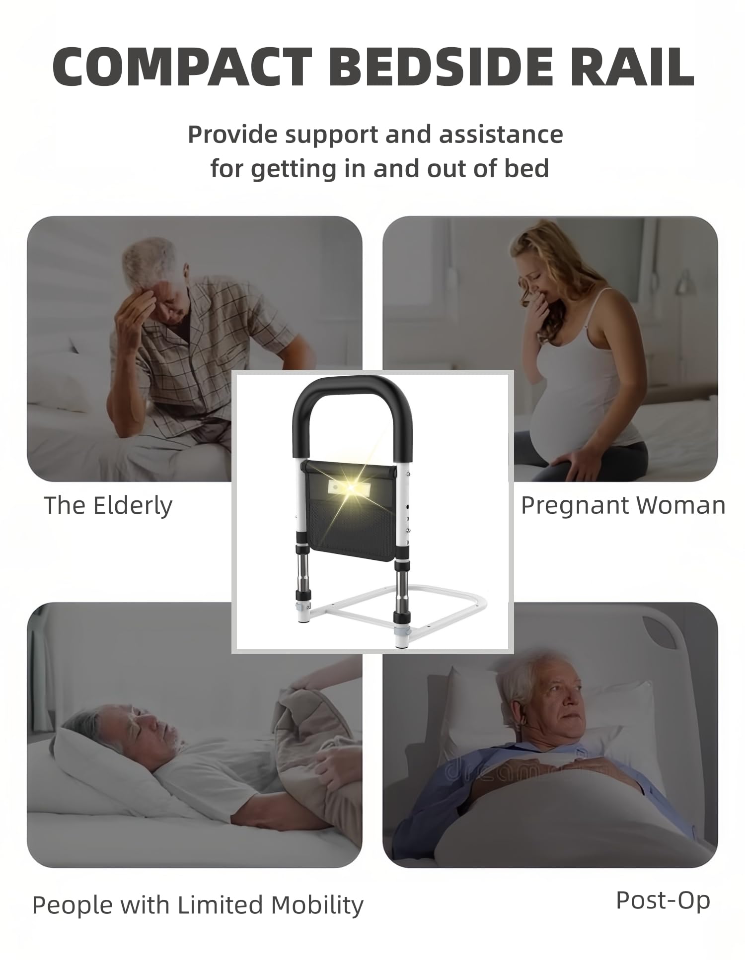 Elderly Bed Safety Rails with Motion Light & Storage Pocket - Adjustable Height Assist Handle for Queen, King, Twin & Full Size Beds - Ideal for Seniors, Home Care & Medical Use