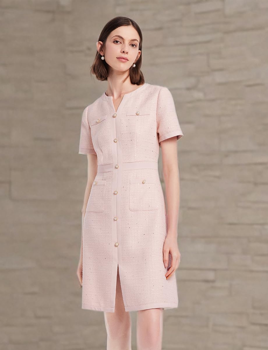 Elegant Summer Tweed Dress for Women - Short Sleeve A-Line Mini Dress with Crew Neck & Lace Detail | Perfect for Casual Wear, Office Outfits & Summer Parties