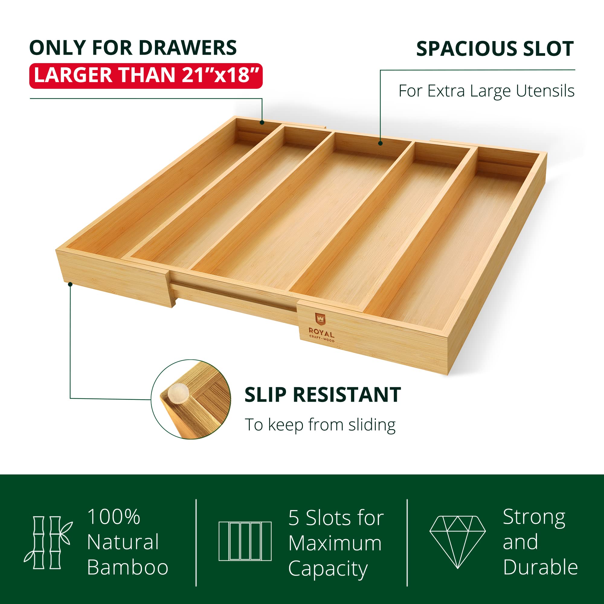 Premium Bamboo Kitchen Drawer Organizer - Silverware & Utensil Holder with Adjustable Dividers | Cutlery Tray for Flatware, Knives, Spoons | Ideal for Home Kitchen Organization & Dining Room Storage