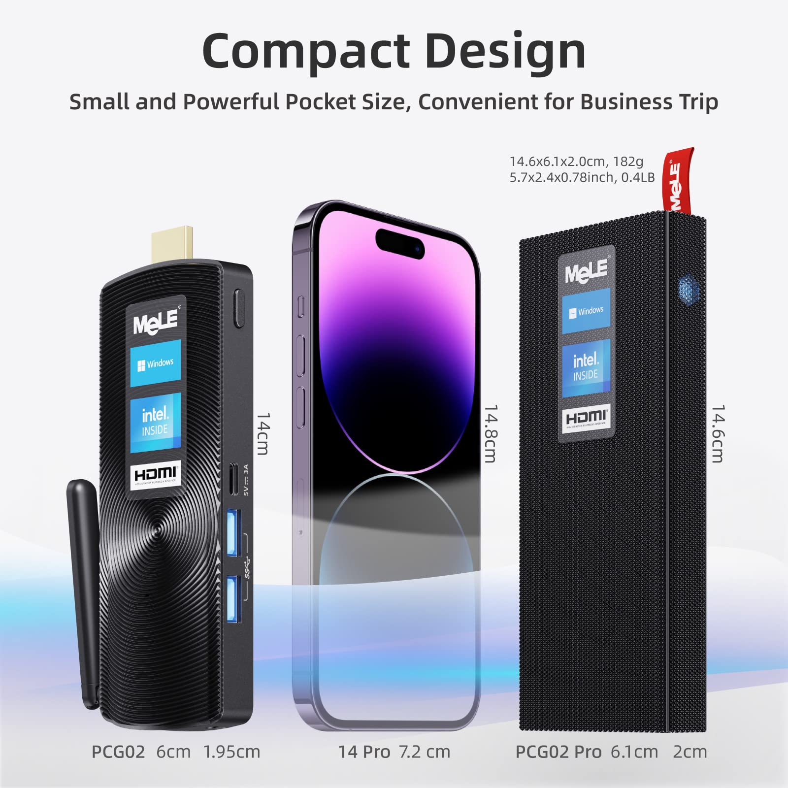MeLE Mini PC Stick Fanless PCG02 Pro - WiFi 6, Windows 11 Pro, Intel Celeron N5105, 8GB RAM, 128GB SSD, Dual 4K HDR HDMI, Portable Stick Computer with PD3.0 & Ethernet - Perfect for Home Office, Business, Digital Signage & Media Streaming