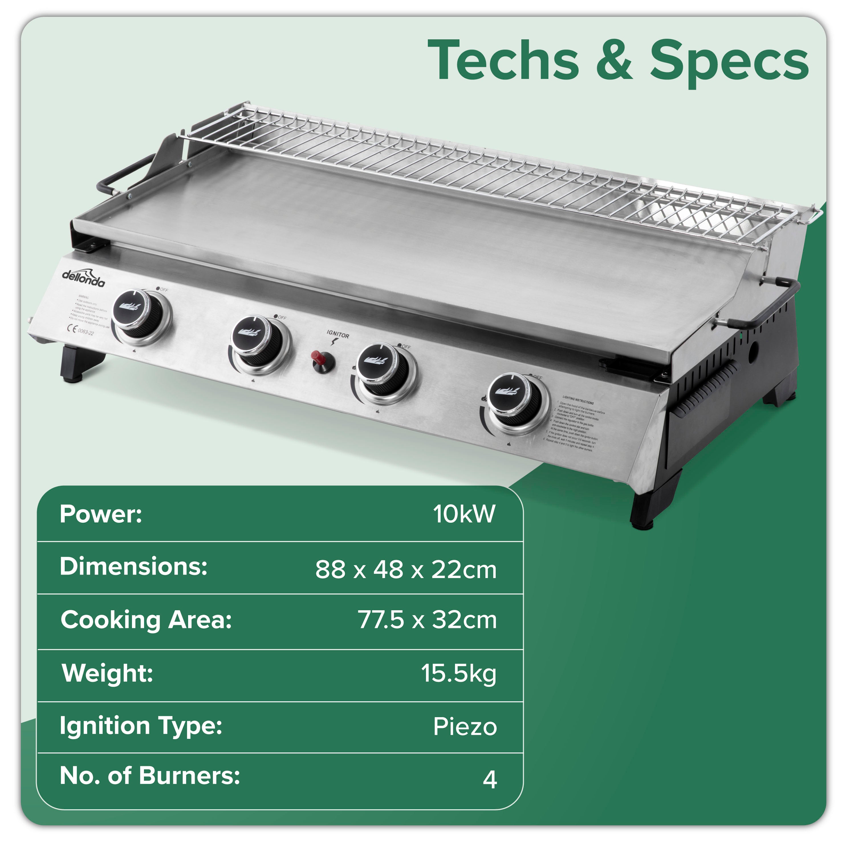 4 Burner Portable Gas Griddle with Warming Rack - 10kW Stainless Steel Outdoor Cooking Grill - Perfect for Backyard BBQs, Camping & Tailgating Parties