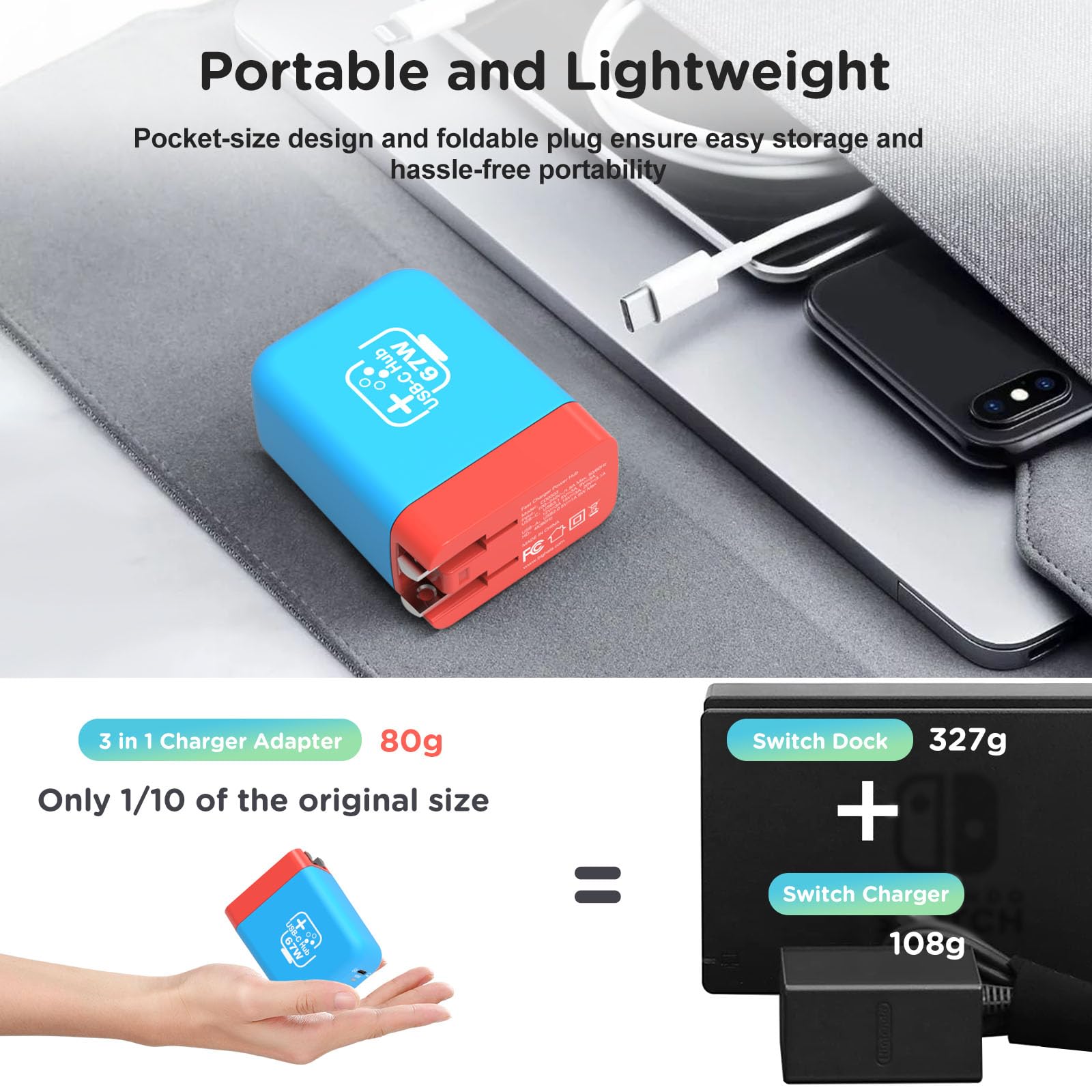 67W USB C Charger Dock for Nintendo Switch/OLED - Portable Travel TV Docking Station with 4K HDMI, USB 2.0 & PD Charging Port - Fast Charging Adapter with USB-C Cable for Laptop, Phone, Steam Deck - Perfect for Gaming, Travel & Home Entertainment