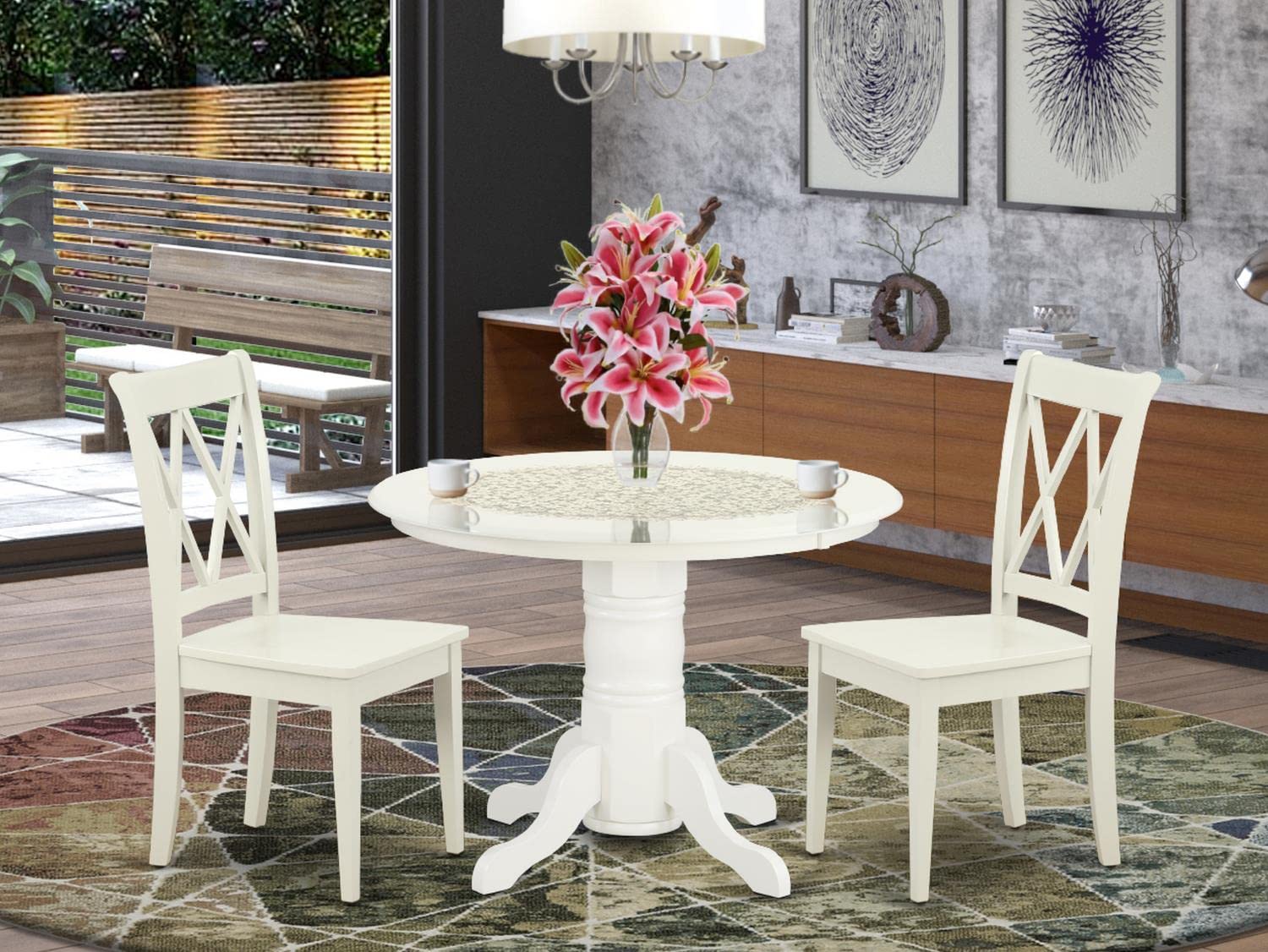 East West Furniture SHCL3-LWH-W 3-Piece Round Dining Table Set with Pedestal Base & 2 Chairs for Small Spaces, 42x42 Inch, Linen White - Perfect for Apartments, Breakfast Nooks & Cozy Kitchens