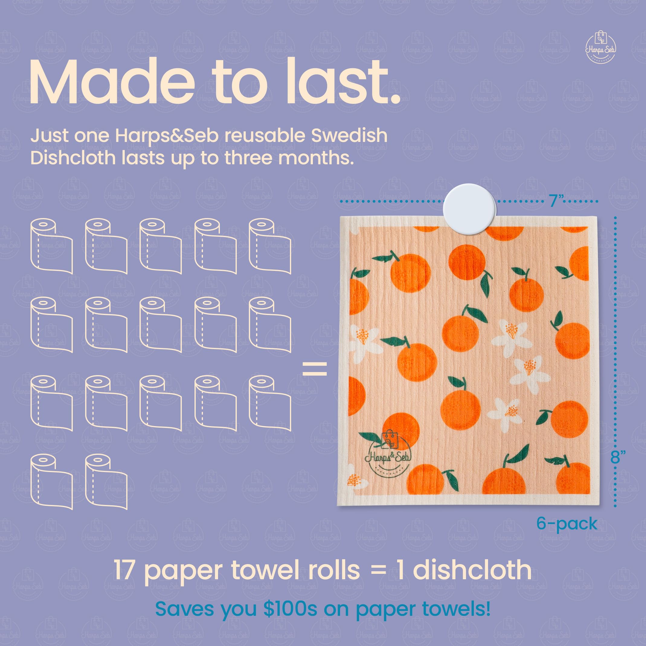 Harps&Seb Swedish Dishcloths - 6 Pack Reusable Kitchen Towels | Super Absorbent, Washable & Biodegradable | Non-Scratch Dish Towels with Clips | Perfect for Cleaning Countertops, Dishes & Spills