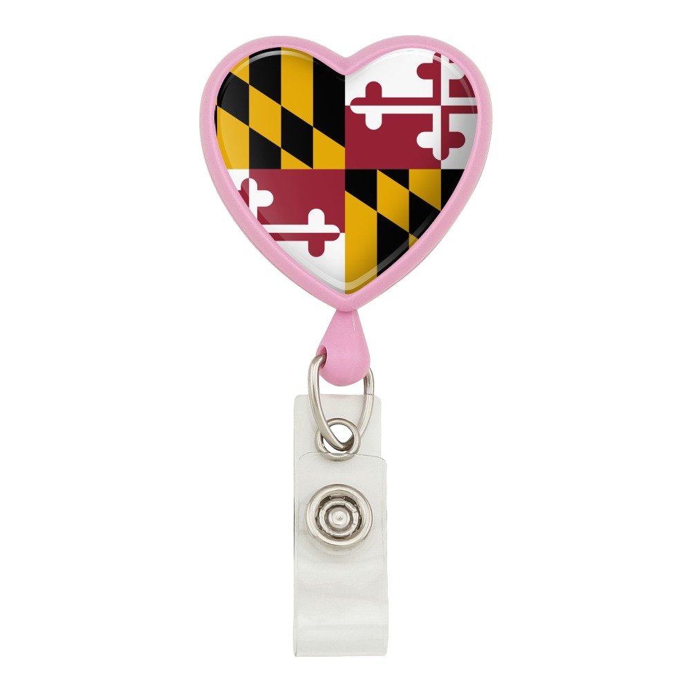 Maryland State Flag Heart Lanyard with Retractable Reel - Pink ID Badge Holder for Nurses, Teachers & Office Workers - Perfect for Schools, Hospitals & Corporate Events