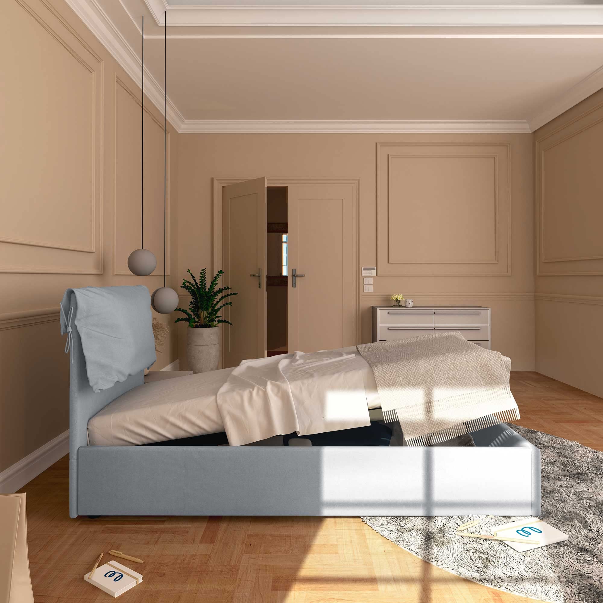 Baldiflex Single Bed with Storage - Licia Soft Synthetic Leather Upholstery, Slatted Base for Single Mattresses, 80 x 190 cm, Padded Headboard, Light Gray - Perfect for Small Bedrooms, Guest Rooms & Studio Apartments