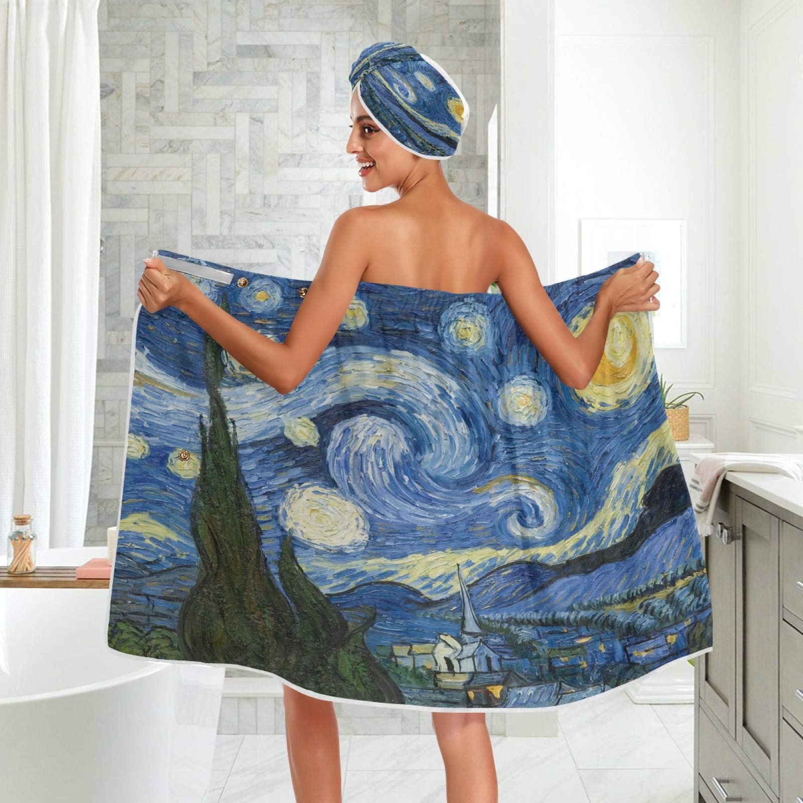 ATTX Women's Spa Towel Wrap Set of 3 - Van Gogh The Starry Night Art Bathrobe, Shower & Bath Body Wrap with Adjustable Closure - Perfect for Spa, Beach & Home Relaxation