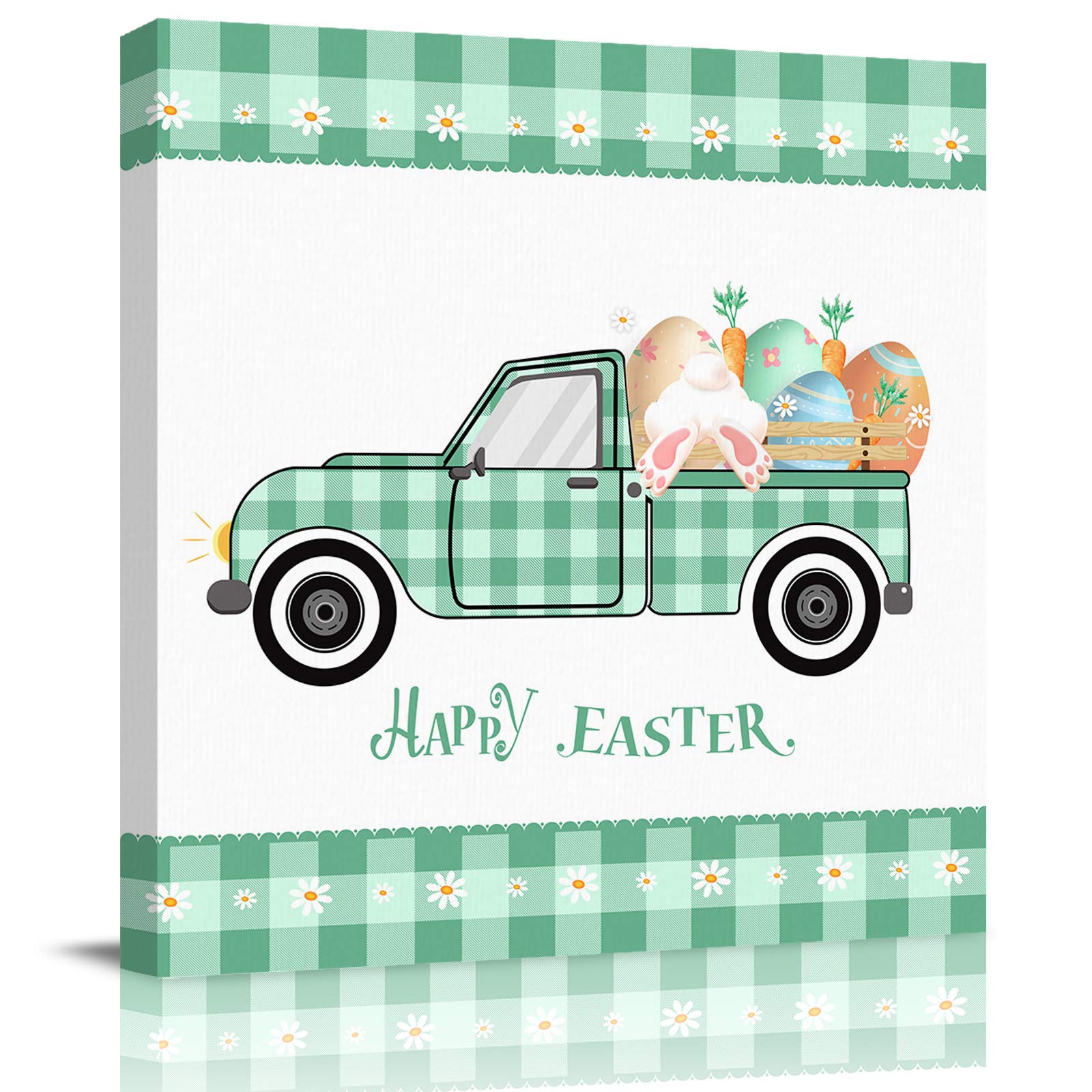 Easter Bunny Tails Canvas Wall Art - Teal Green Plaid Print Home Decor (28x28 Inch) | Spring Living Room Decor, Bedroom Wall Hanging, Easter Gift Idea