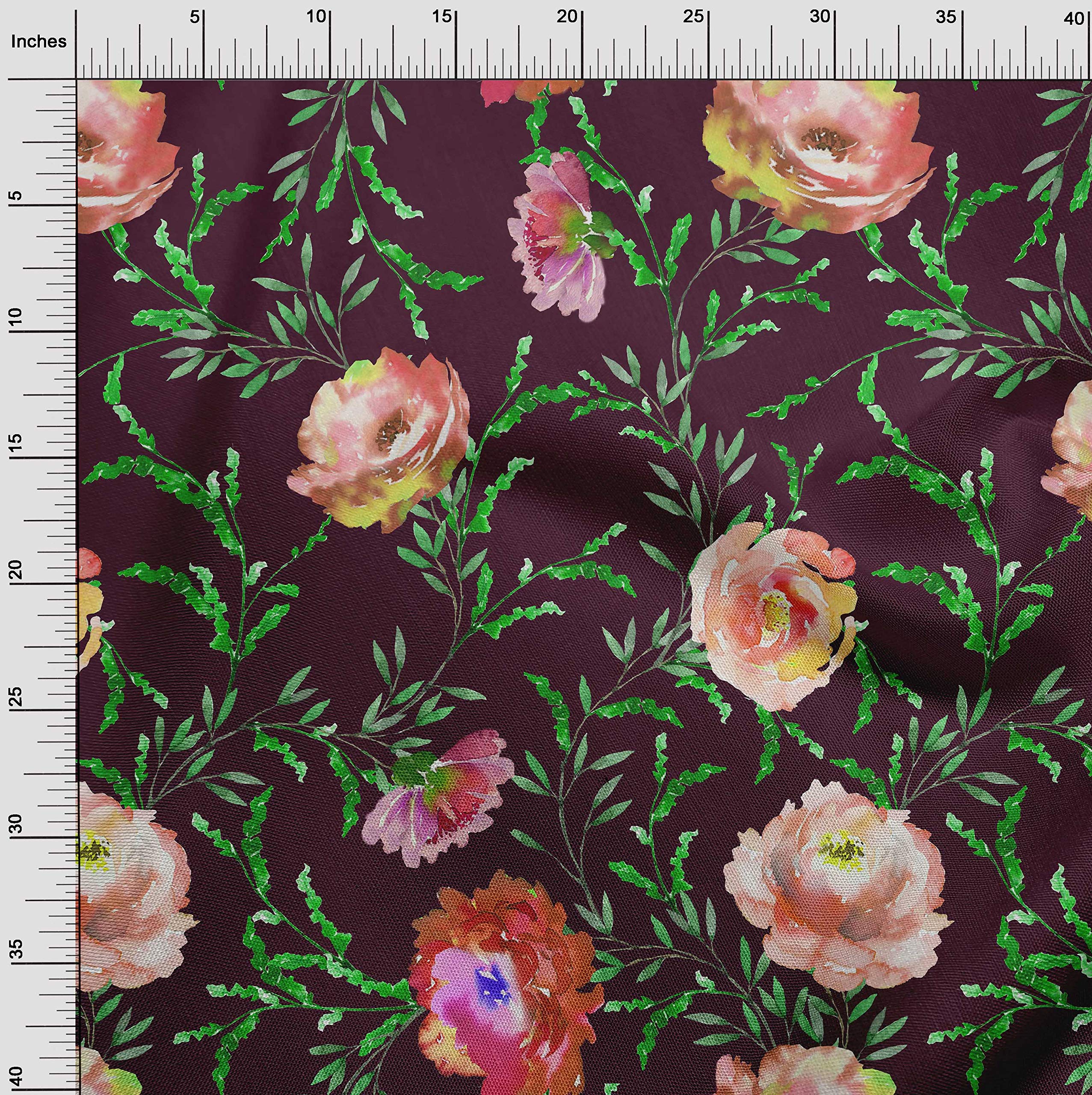 Premium Cotton Poplin Fabric - Watercolor Leaves & Peony Floral Print - 42